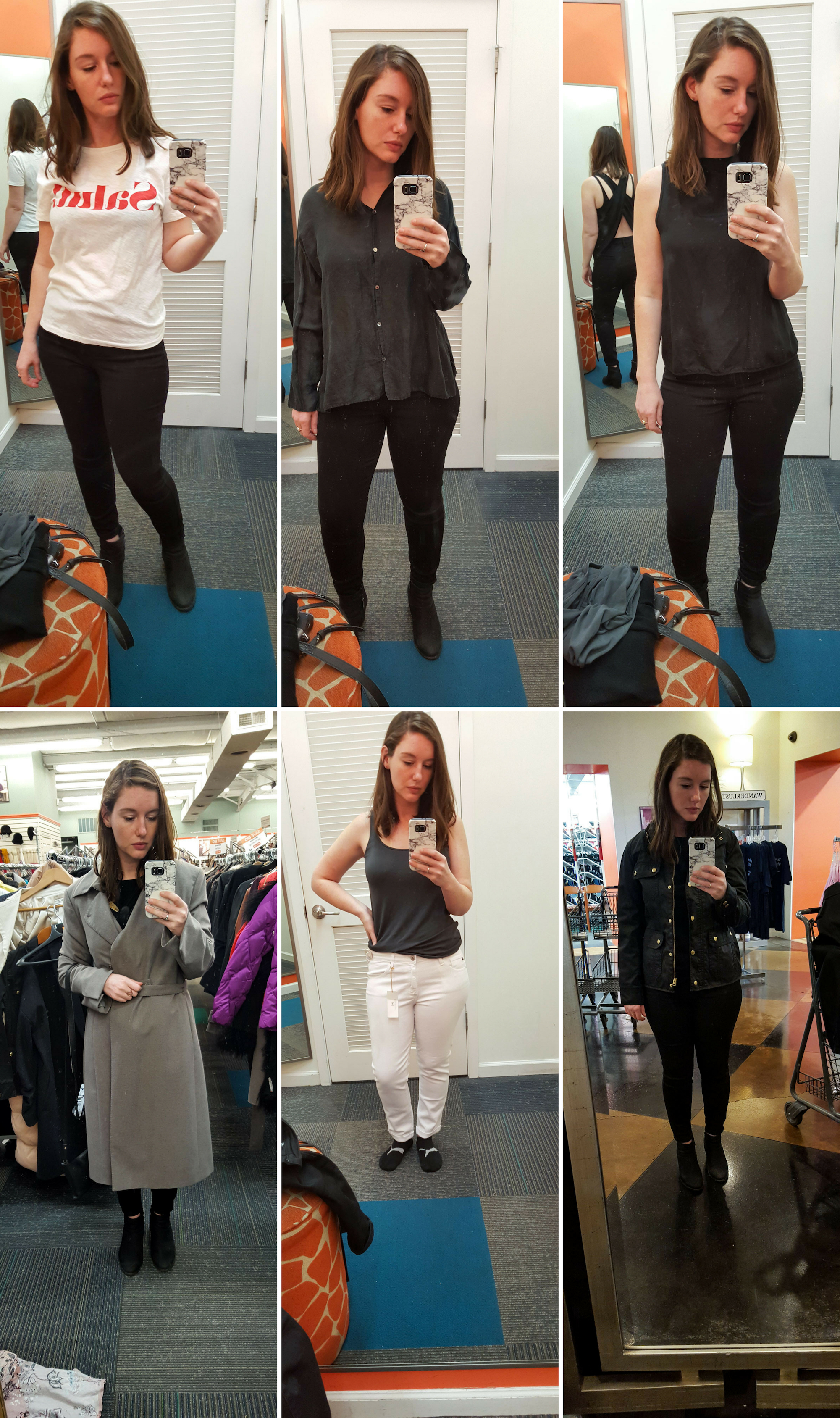 Photo collage: garments tried on including t-shirts, tanks, and coats