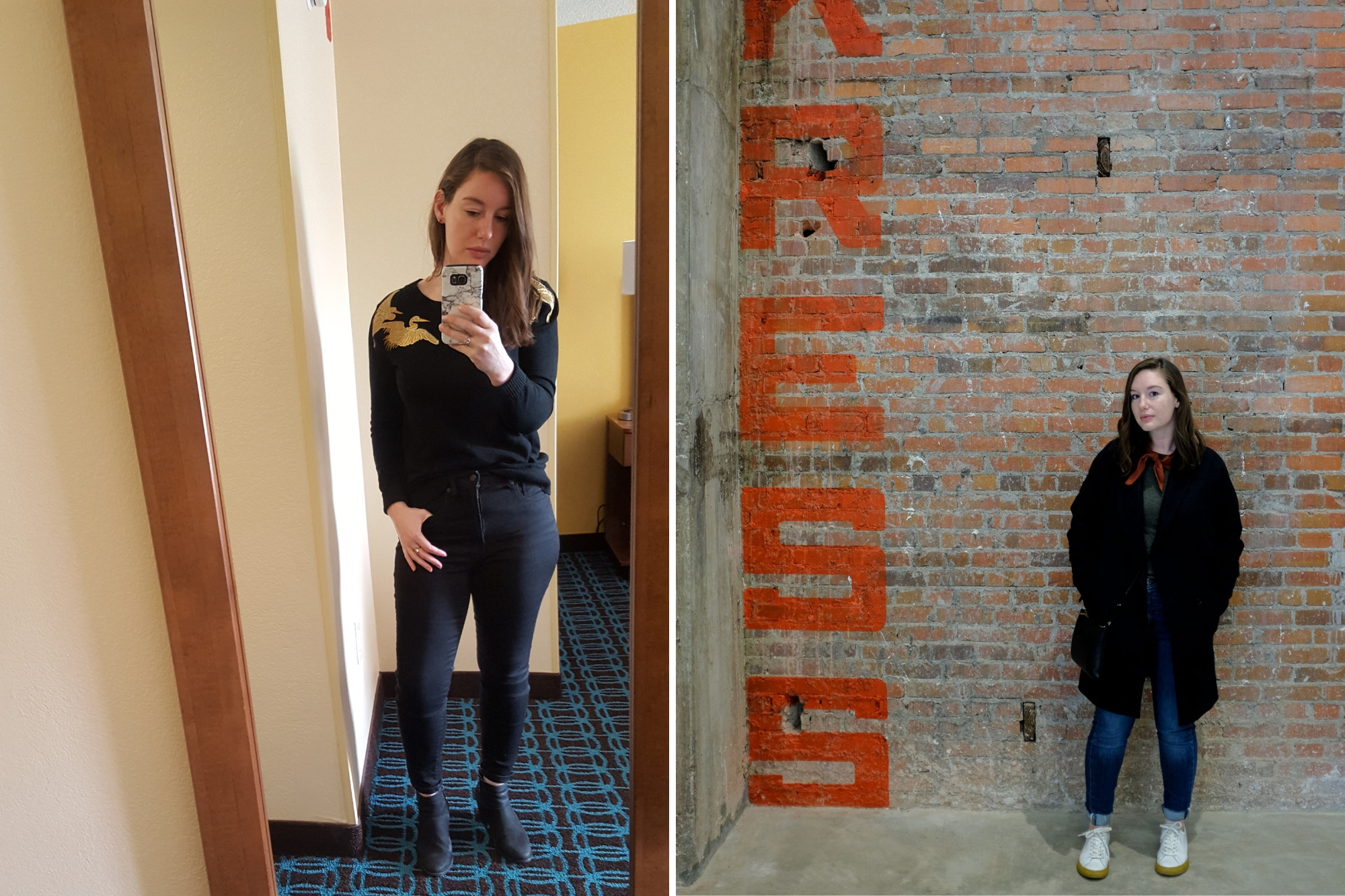 Two images of Alyssa wears sweaters and jeans from the packing list