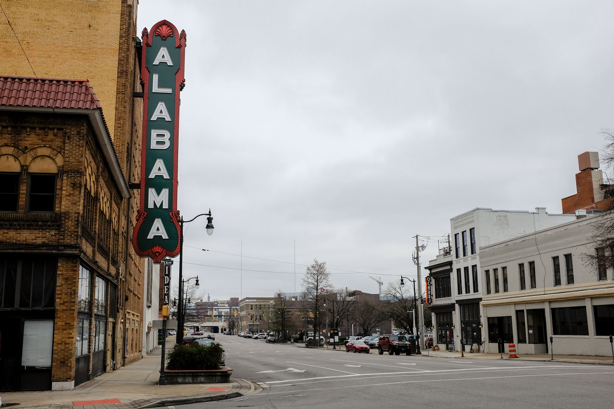 Photo of historic Alabama theatre in Birmingham, with large ALABAMA sign