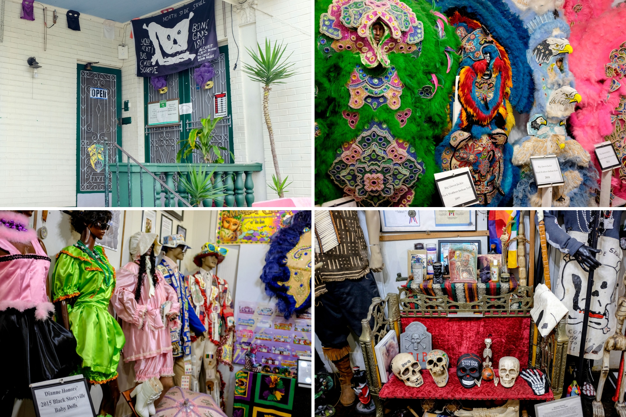 Collage: Mardi Gras Indian costumes, baby dolls, and jazz funerals