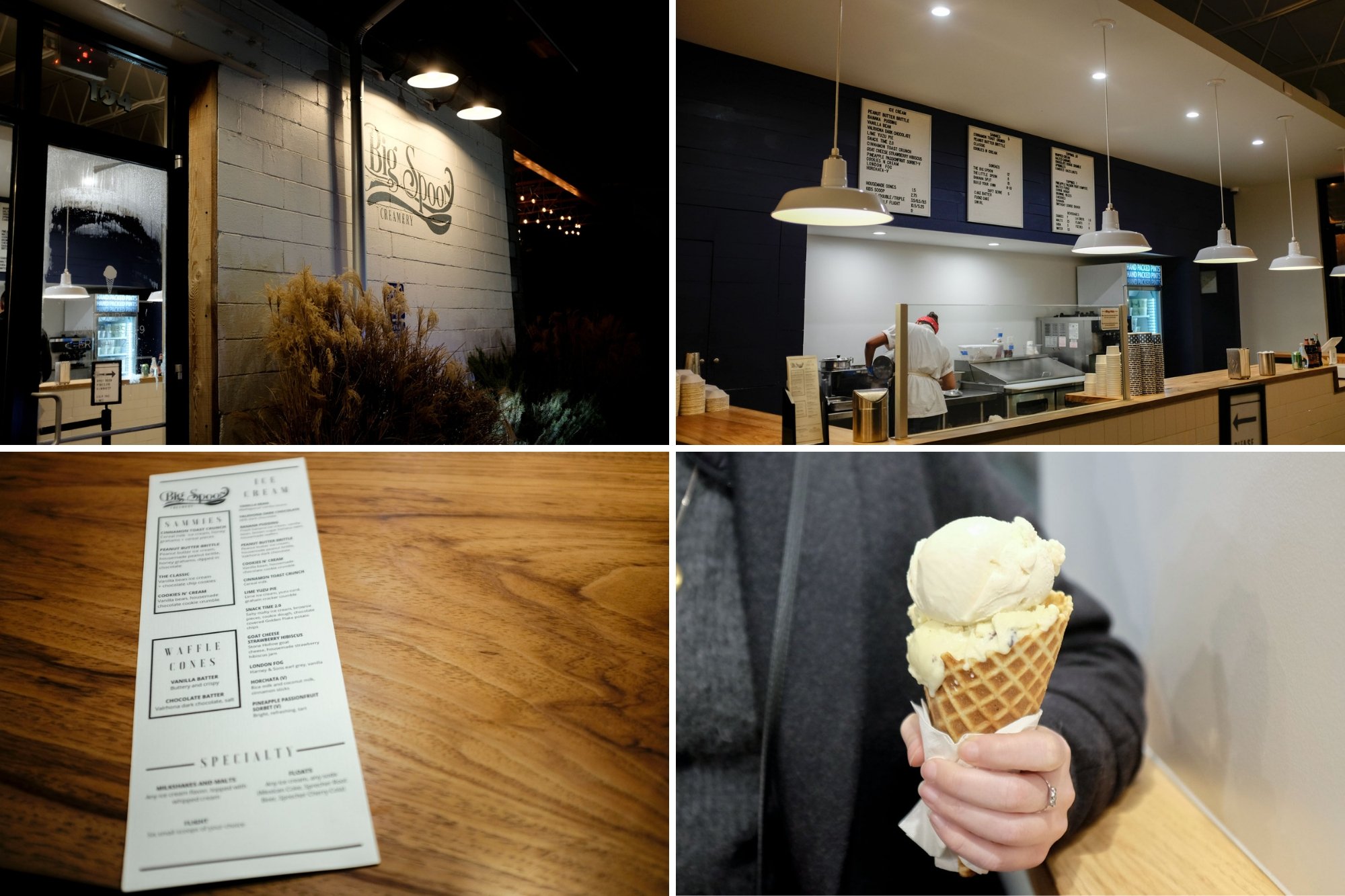 collage of big spoon creamery exterior, interior, menu, and ice cream cone