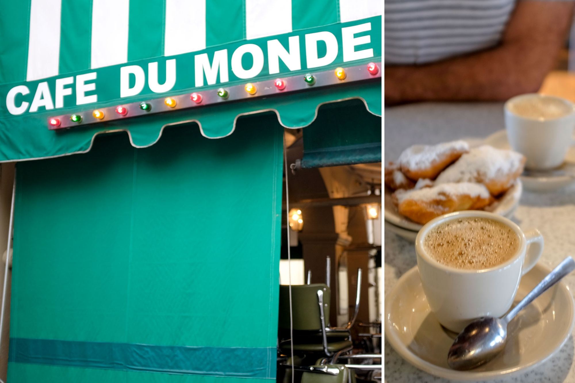 Collage: Cafe du Monde Sign and Beignets on a table