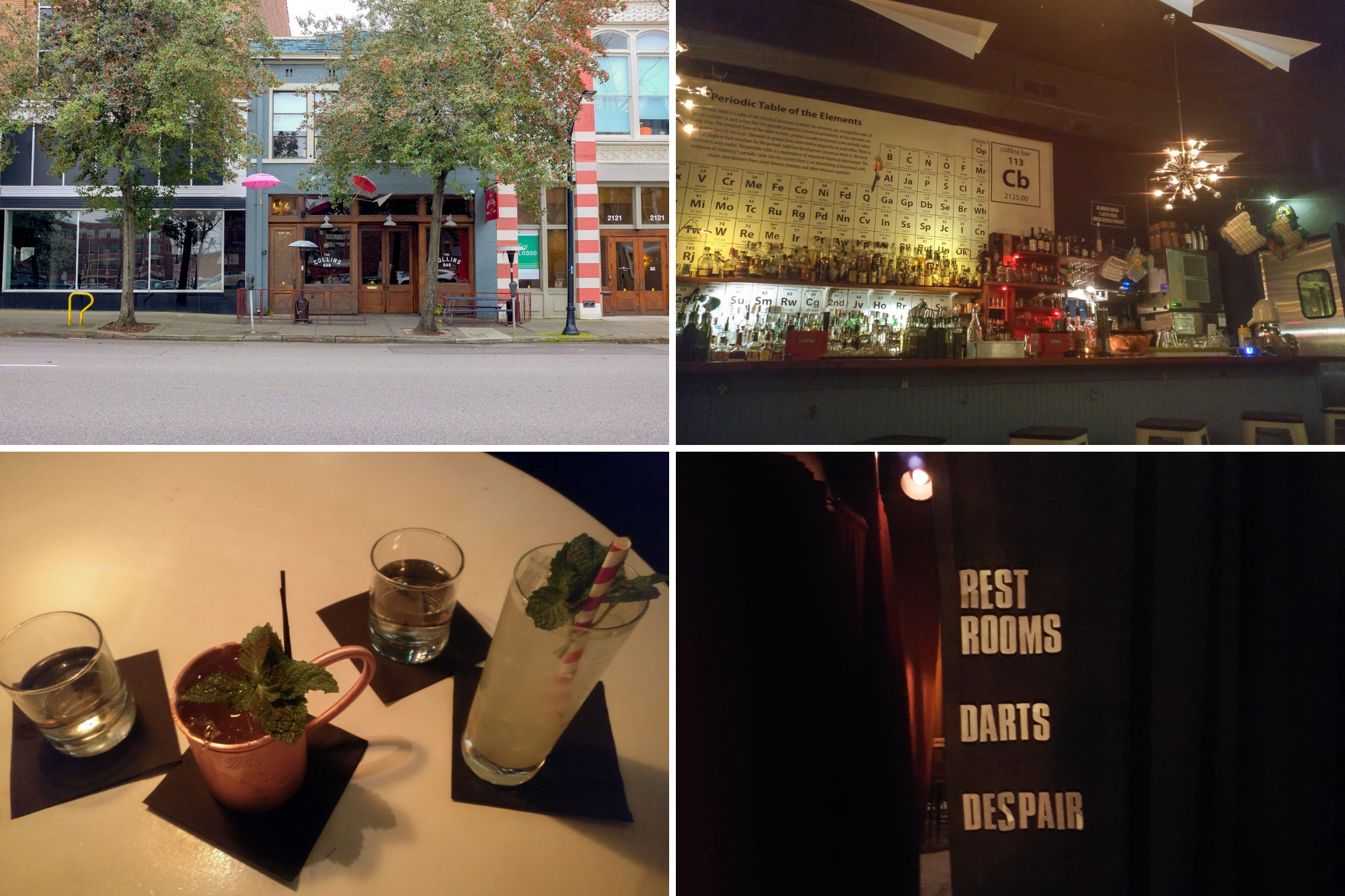 collage at collins bar: exterior, interior, drinks, and signs for restroom