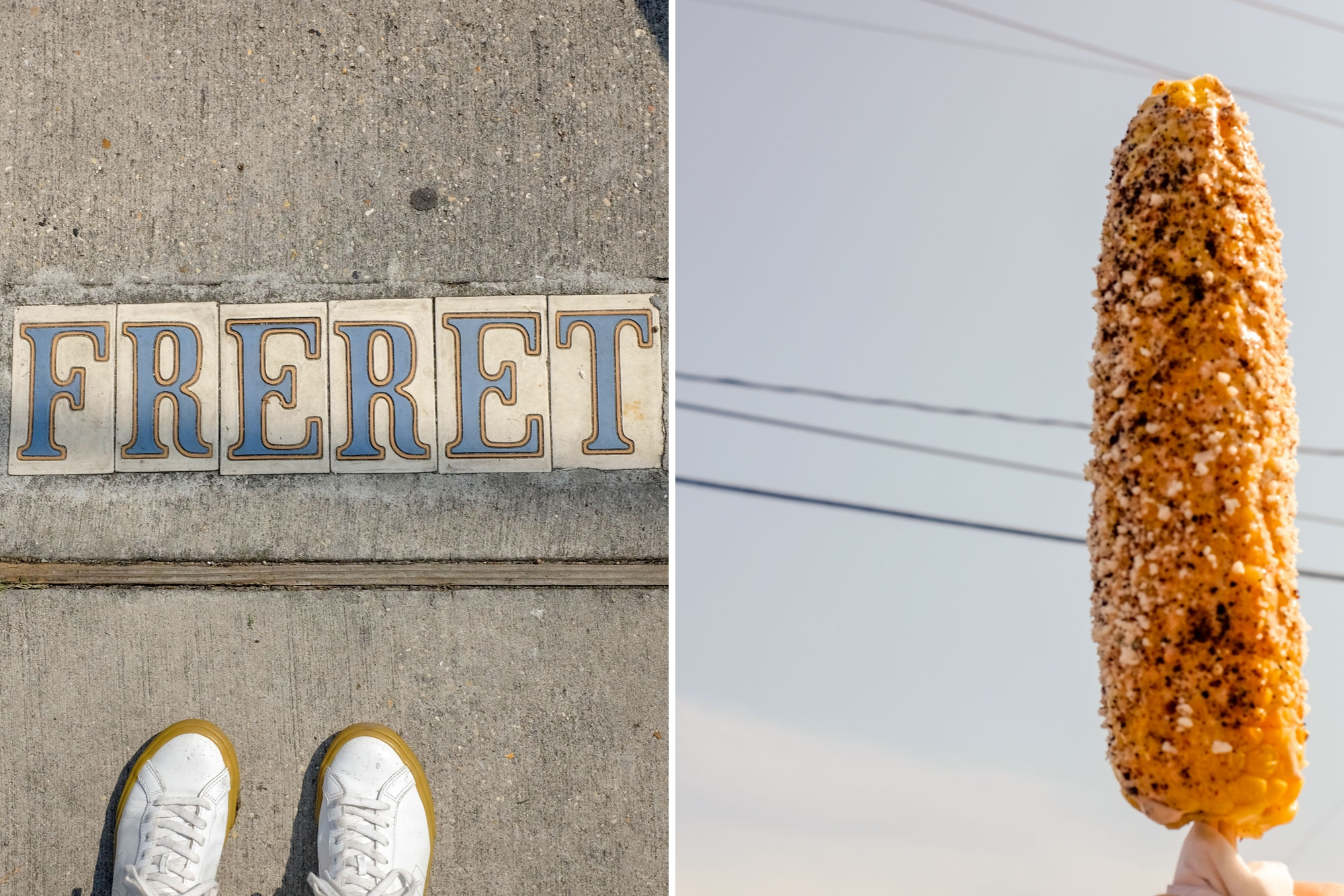 Collage: Freret Street sign on ground and a piece of elote in the sky