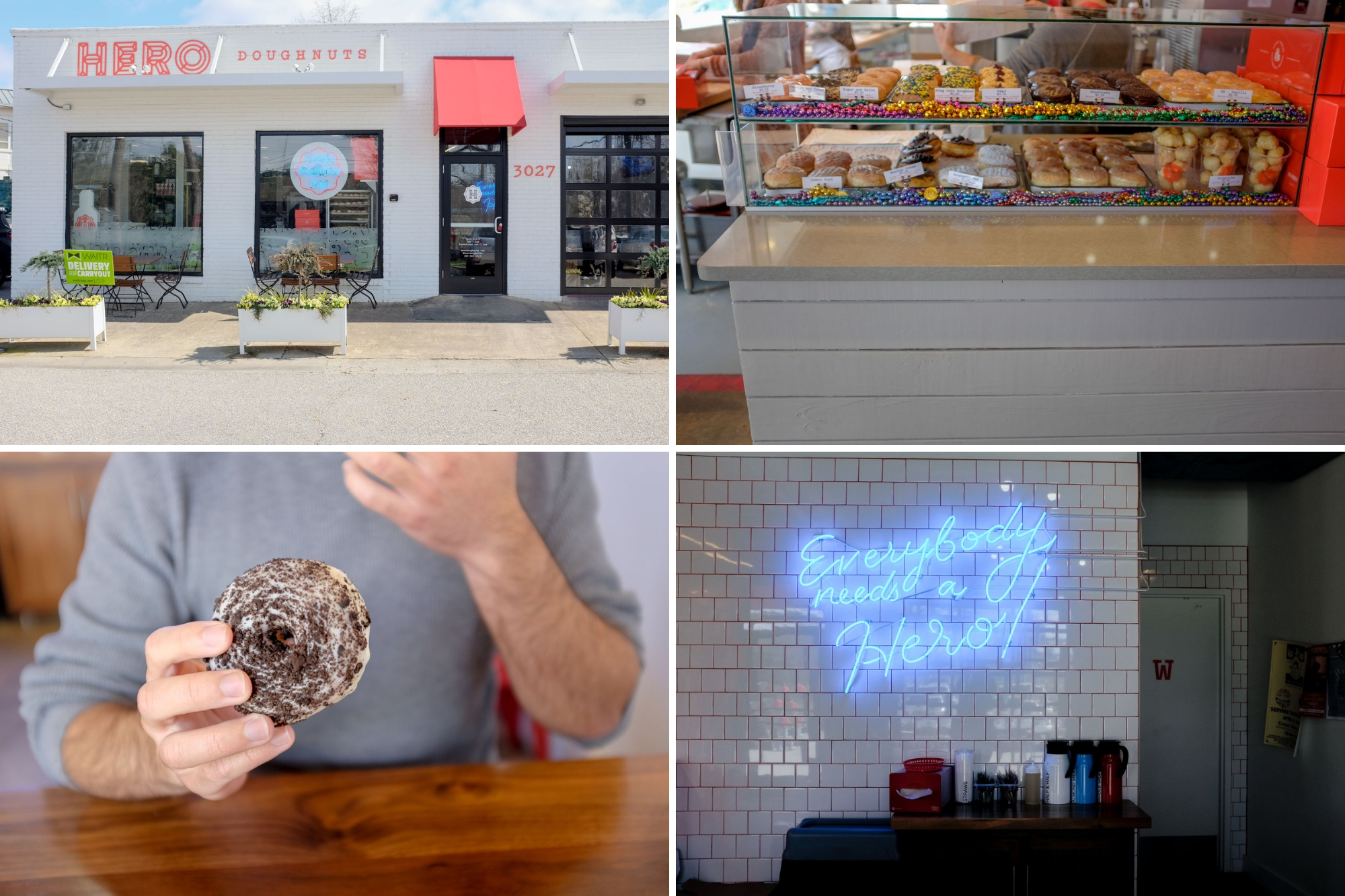 collage of hero doughnuts: exterior, doughnut case, michael eating a cookies and cream doughnut, and a neon sign that says "everybody needs a hero"