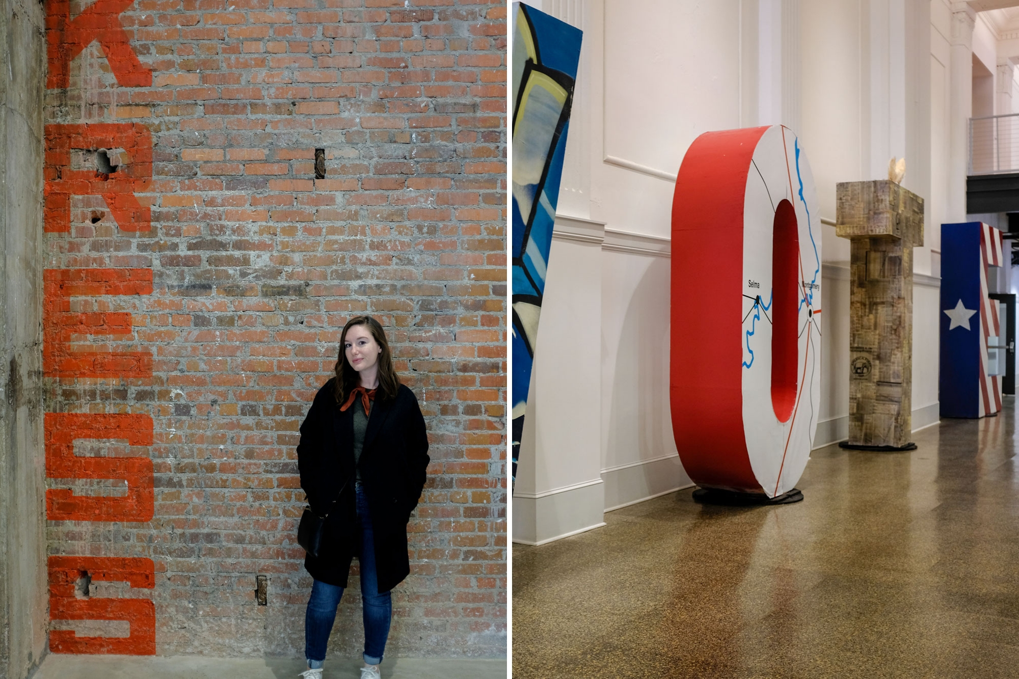 Alyssa standing beside a wall at the Kress building and an art installation that reads "vote"