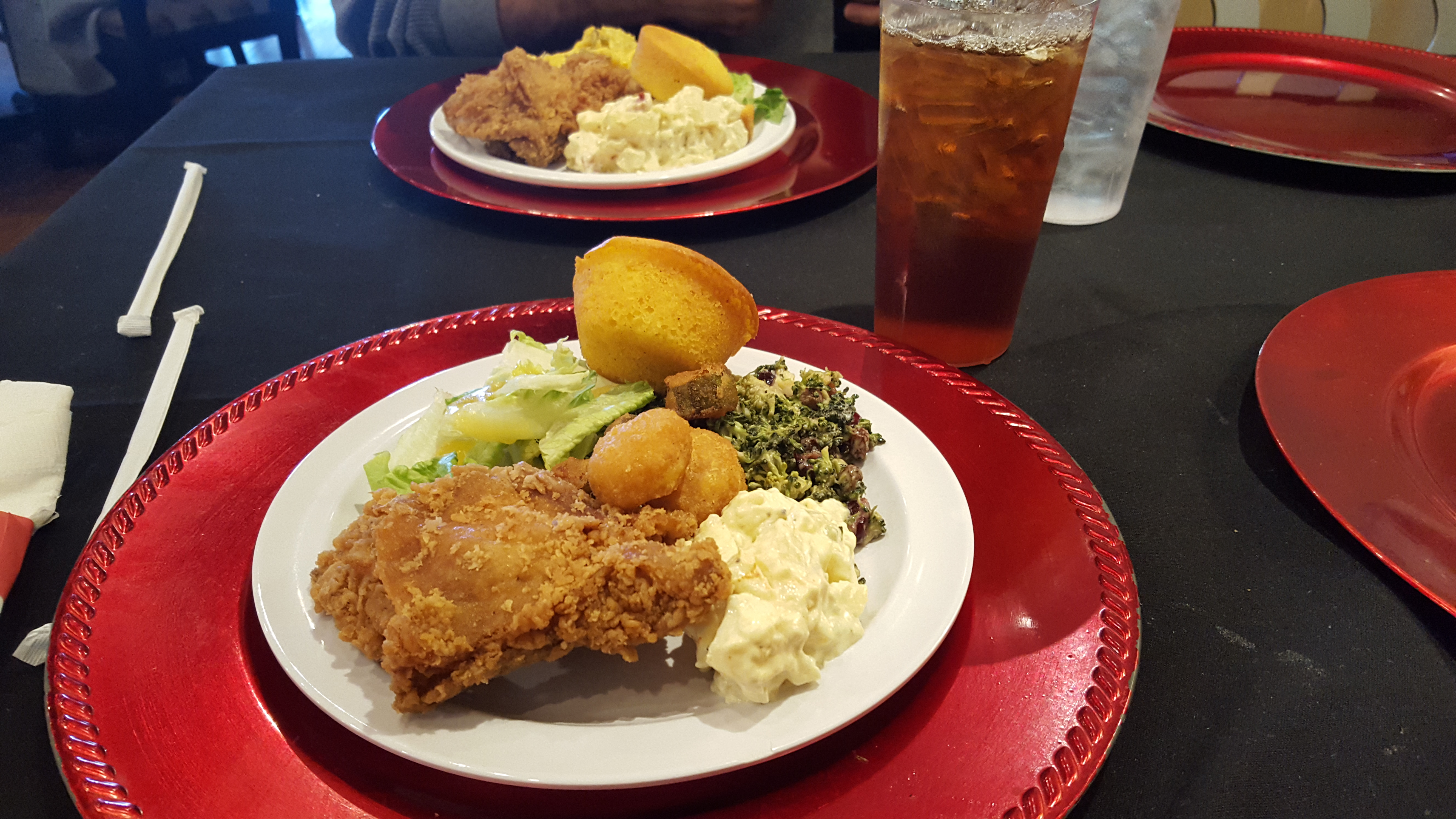 plate of food from the buffet at Martha's Place with fried chicken, cornbread and other southern food items