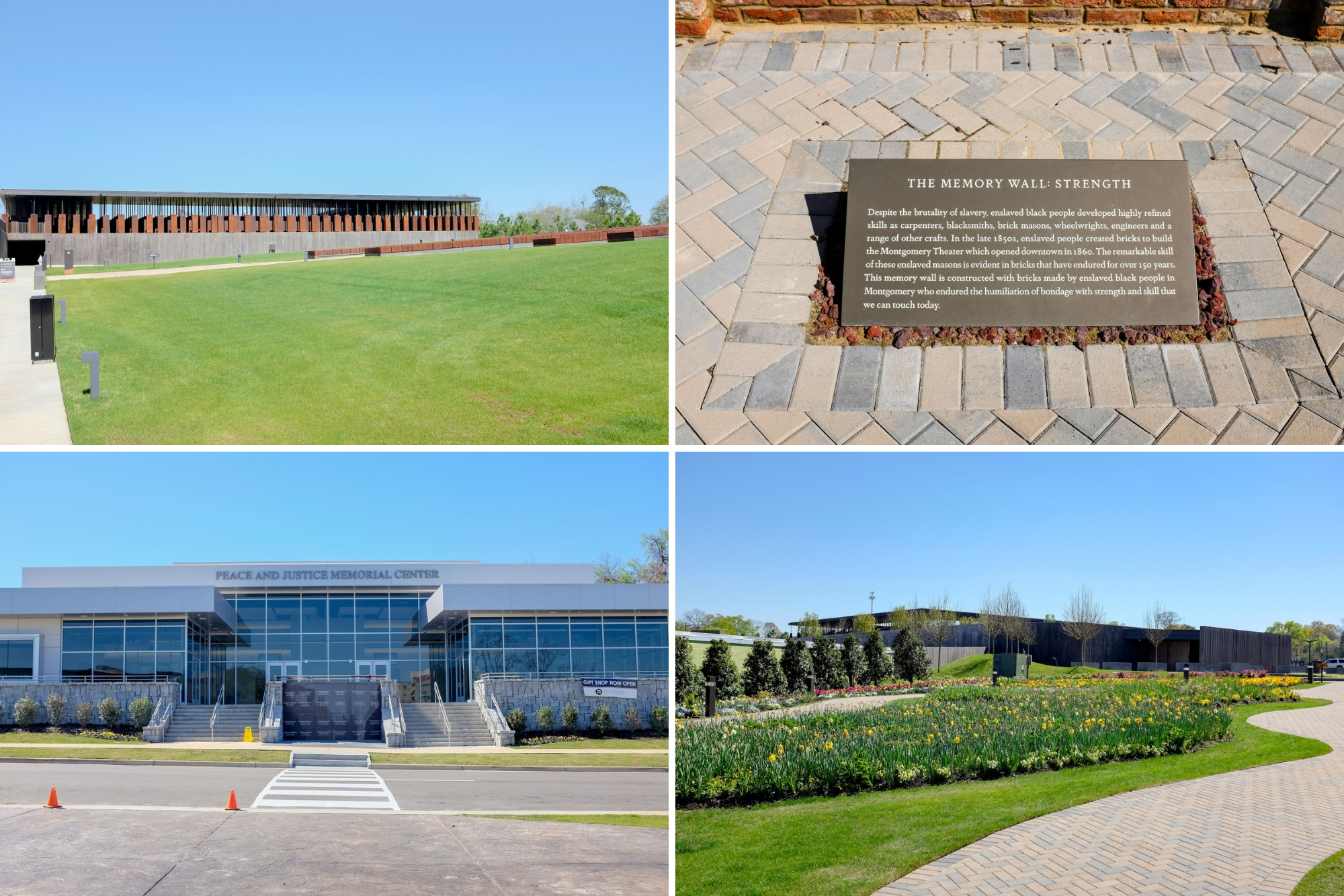 Collage of photos of the exterior of the National Memorial for Peace and Justice 