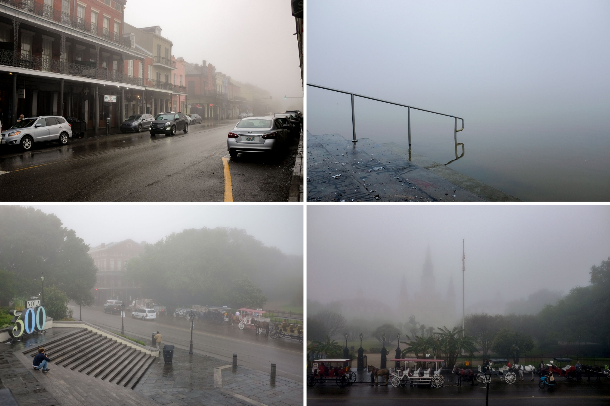 collage: fog over parts of the French Quarter in New Orleans