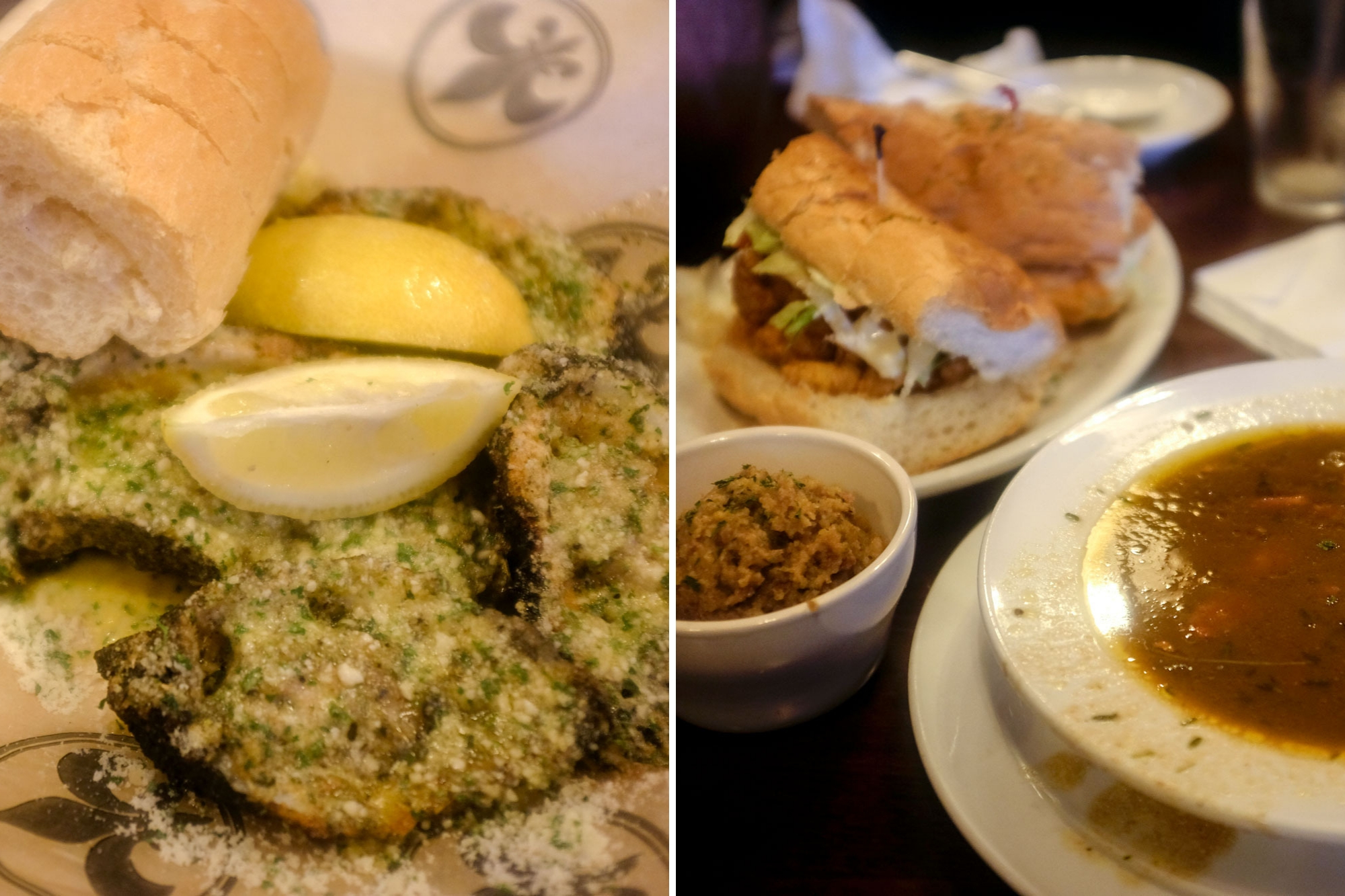 Collage: Oysters and a po boy with gumbo