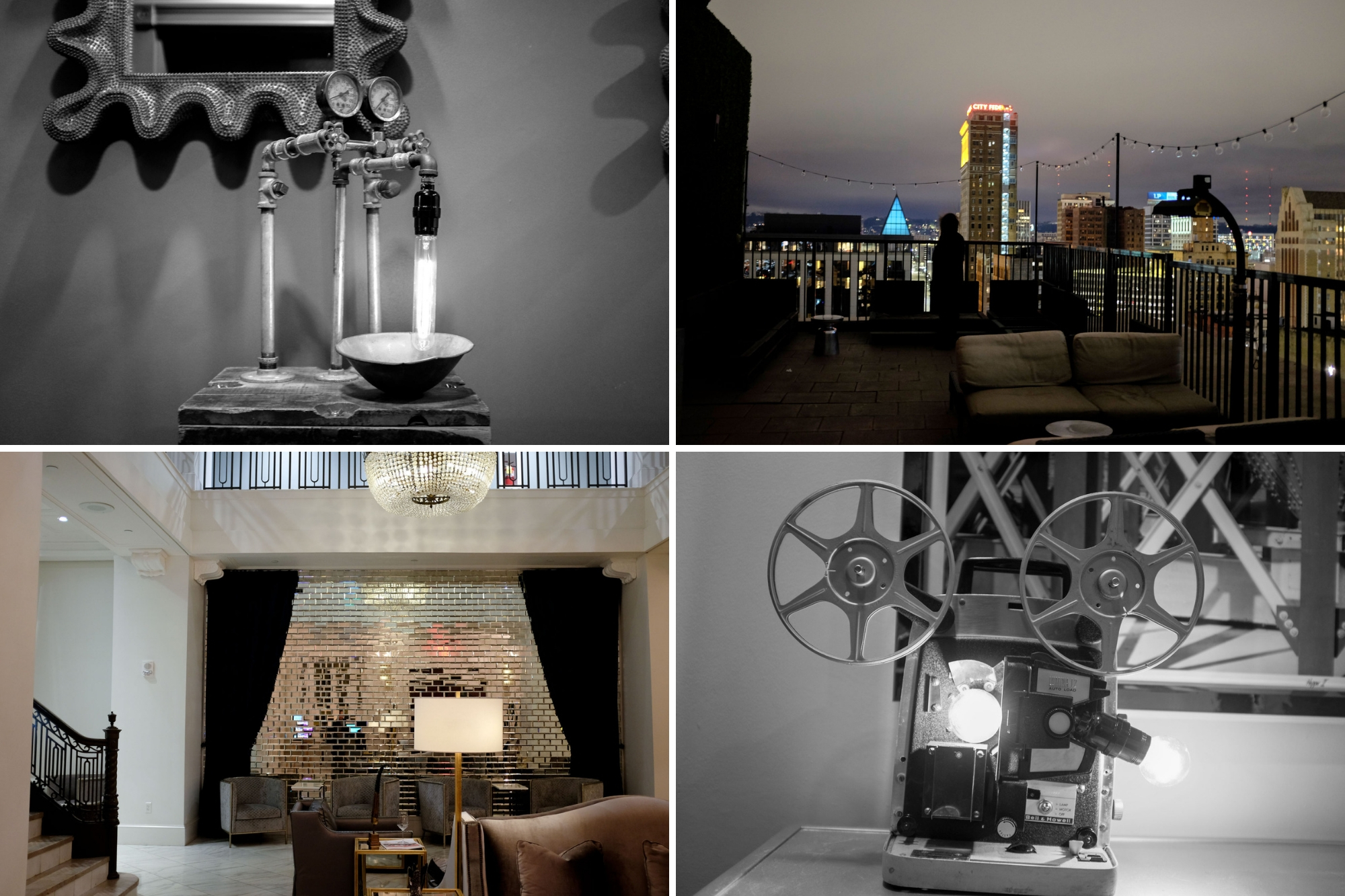 collage of redmont hotel: two decorations in the hotel, view from the rooftop, and view of the lobby