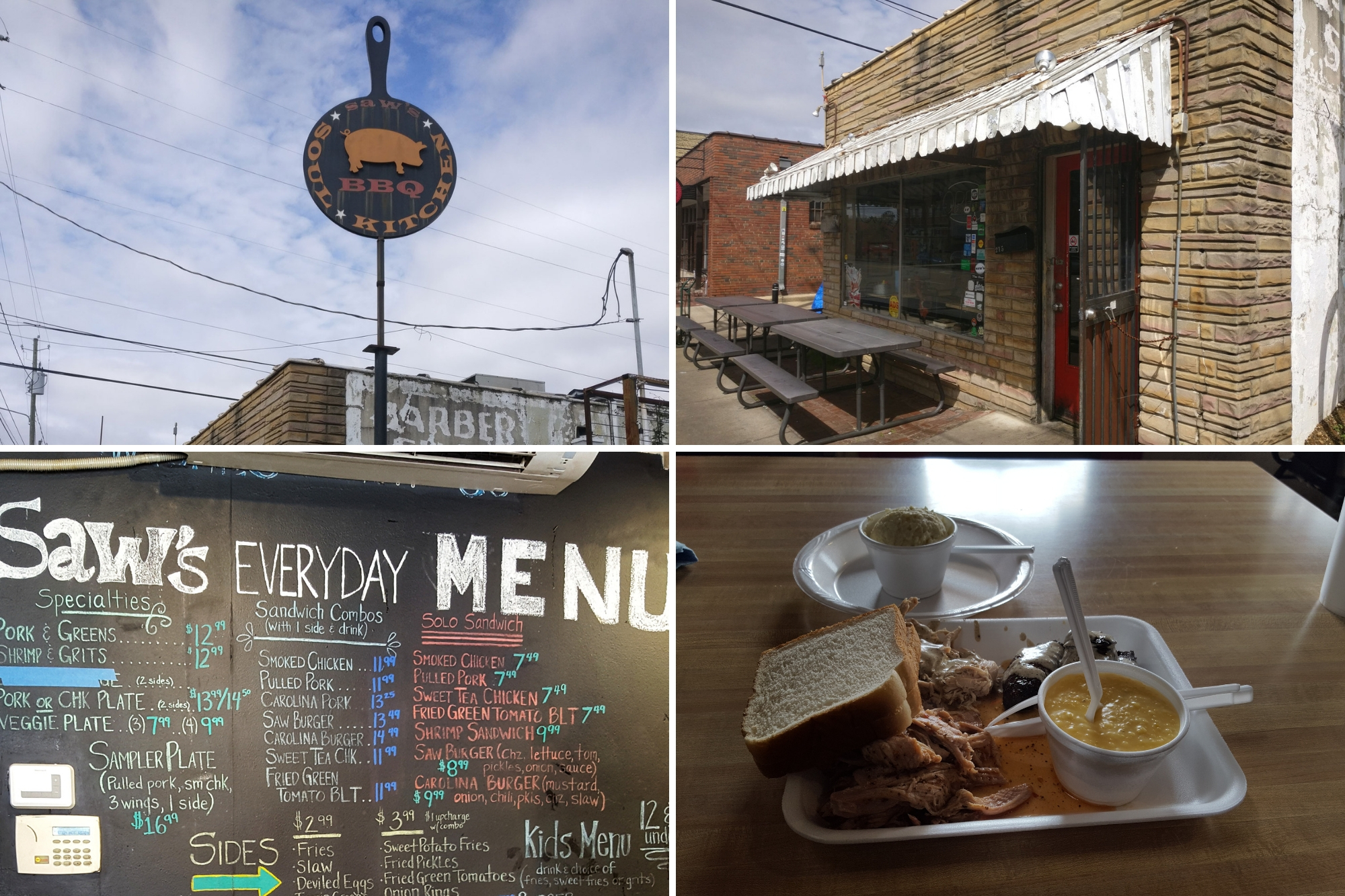 collage of saw's soul kitchen: photos of exterior, chalkboard menu, and sampler platter with chicken and pork