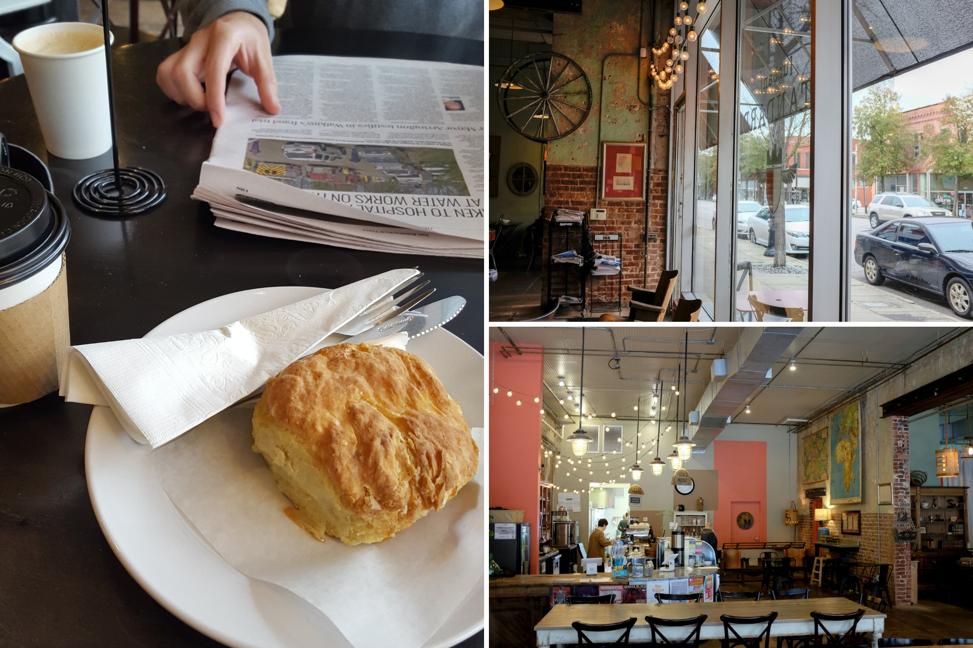 collage: biscuit and newspaper at urban standard, and restaurant interior