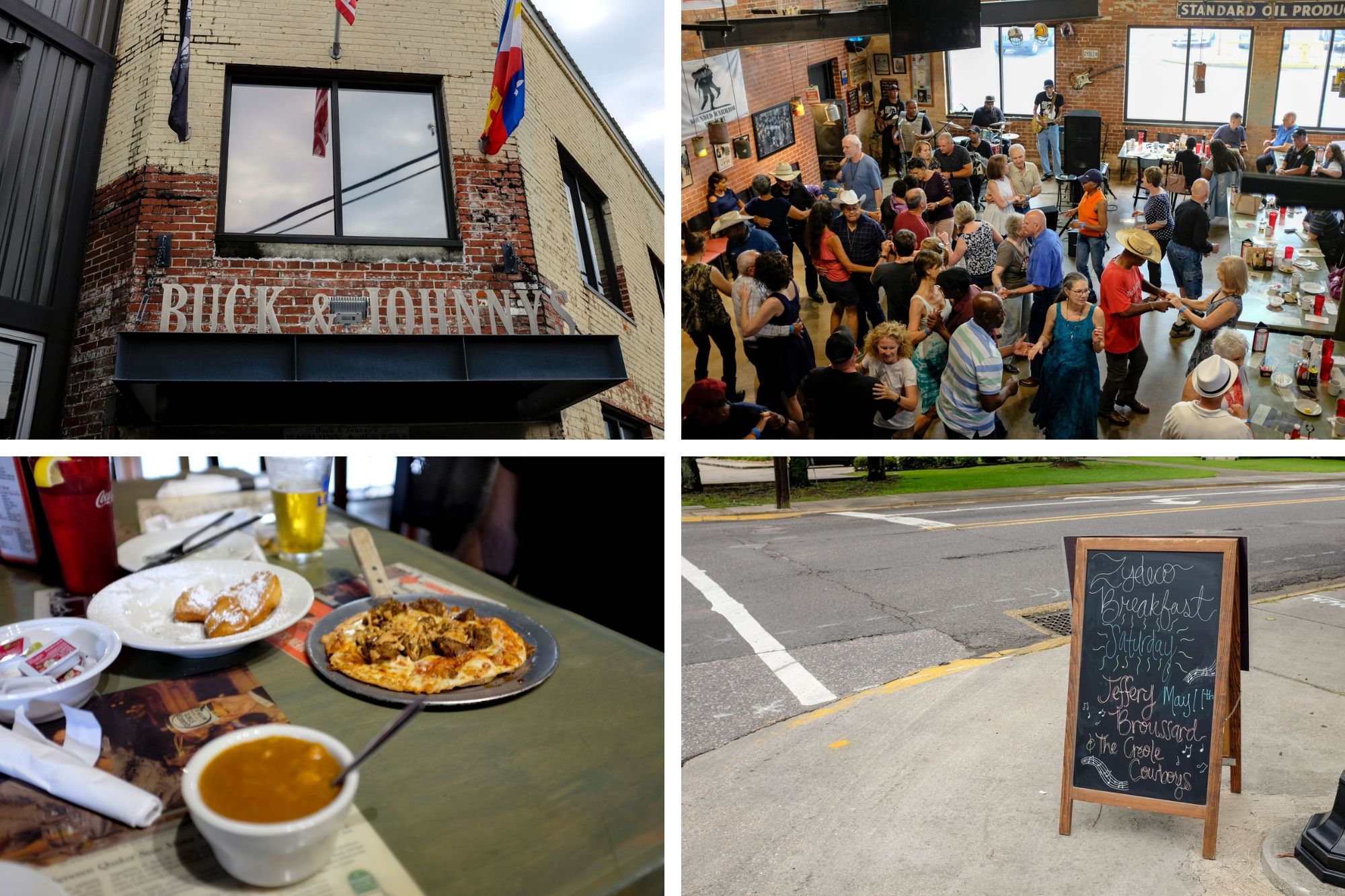 Collage of entrance to restaurant, people dancing together, and food on the table