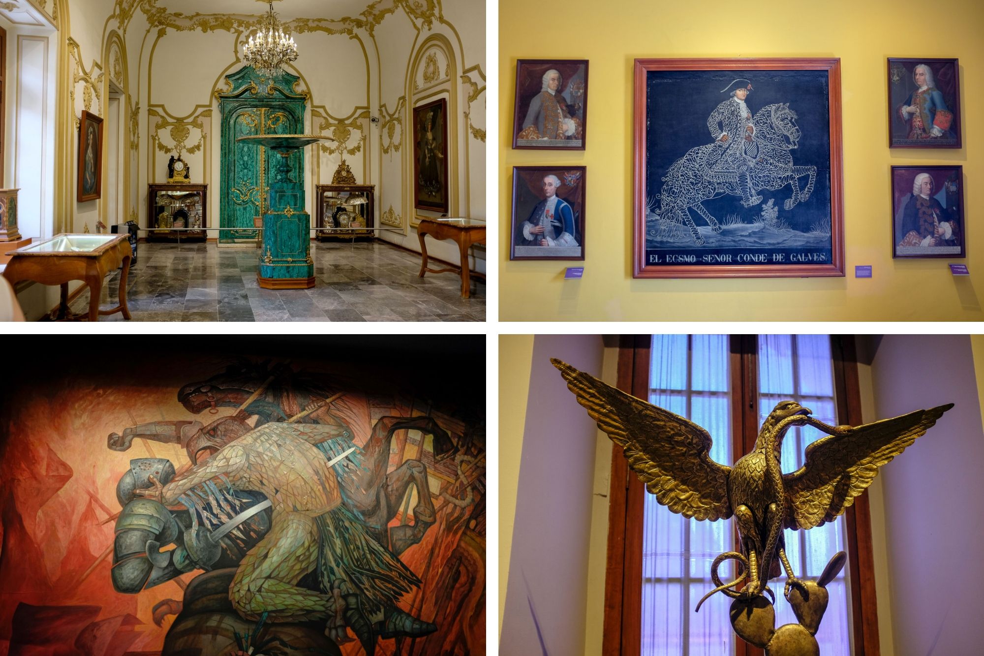 Collage: murals and interior of the castle in very ornate style