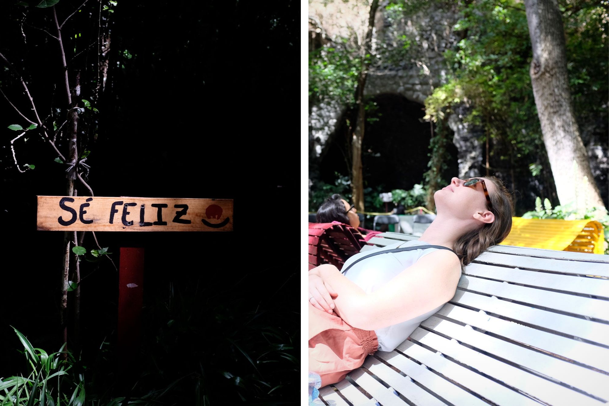 Collage: the quiet area in Chapultepec with a sign that says "se feliz" and a photo of Krystal relaxing on a bench