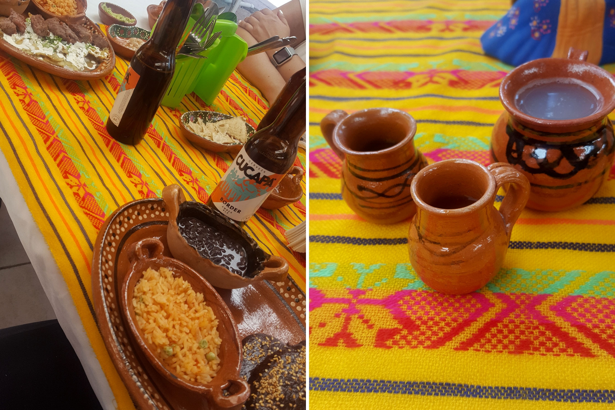 Collage: meals with chicken mole, rice and beans, and chilaquiles as well as a tasting of local liquors in small clay cups