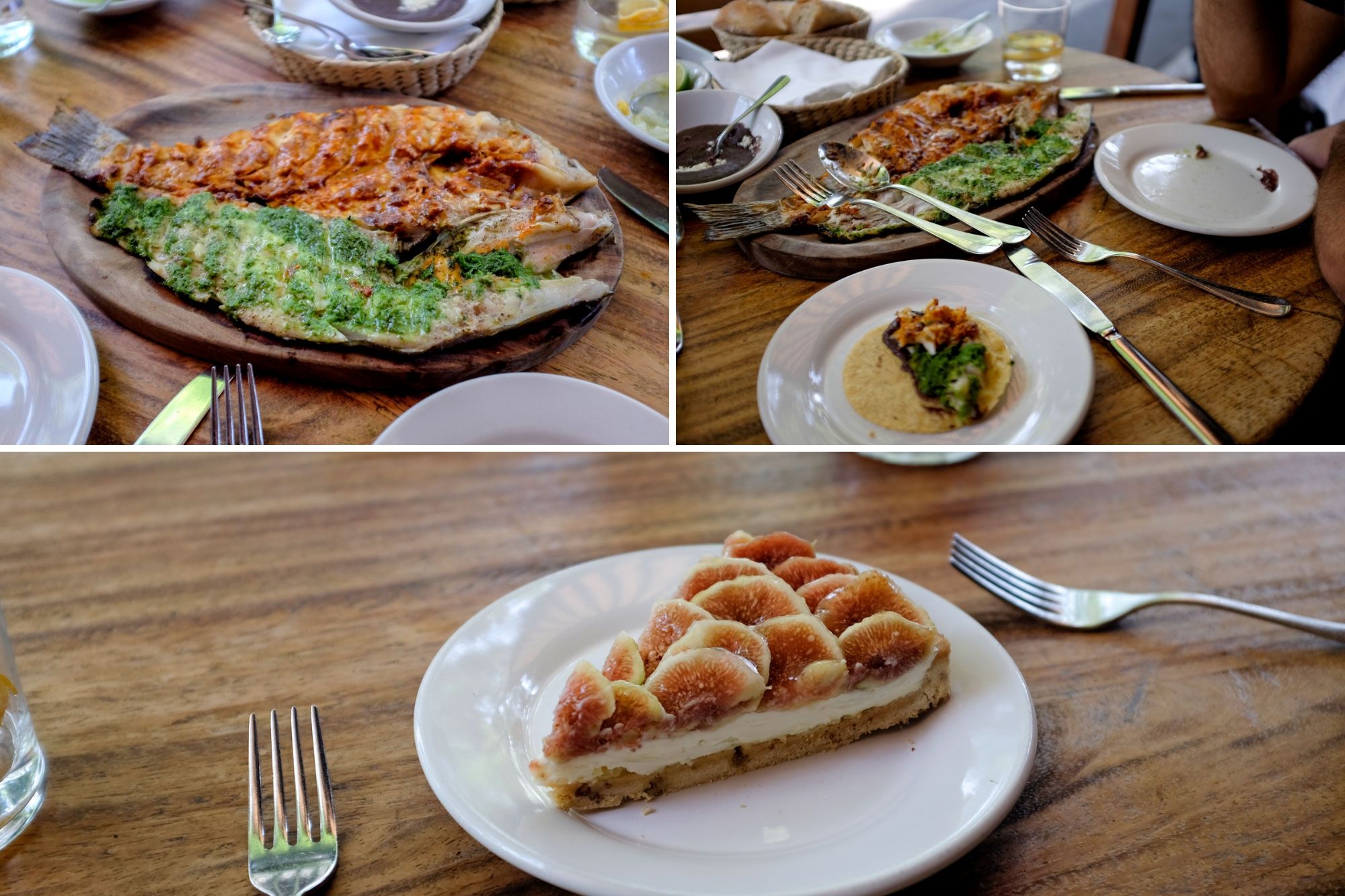 Collage of fish at contramar and fig tart