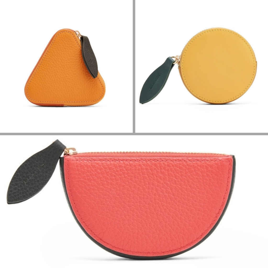 Collage: coin purses shaped like mango, lemon, watermelon