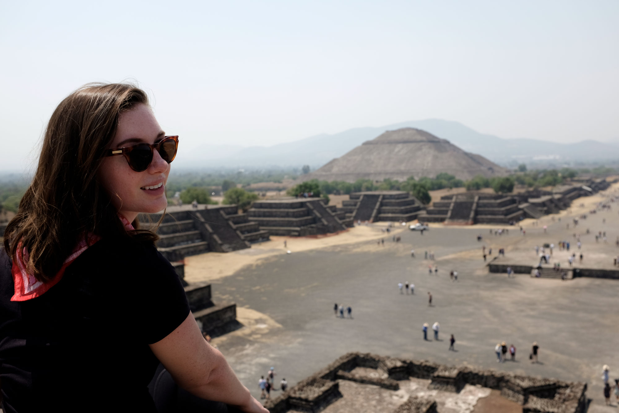 Krystal on the edge of the pyramid of the moon looking at the camera