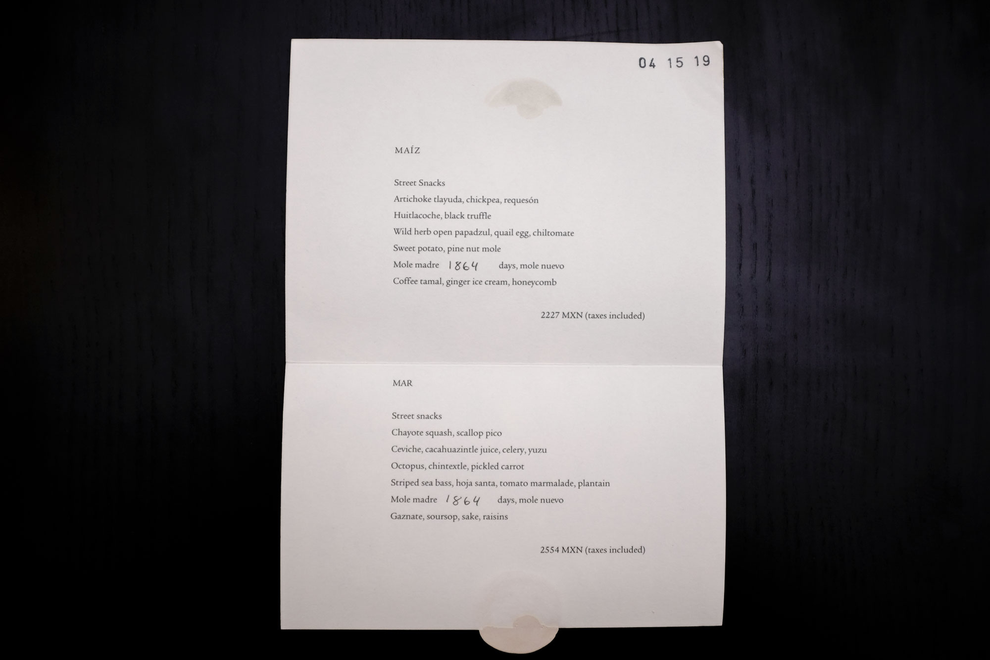 The Pujol Menu from 4-15-19