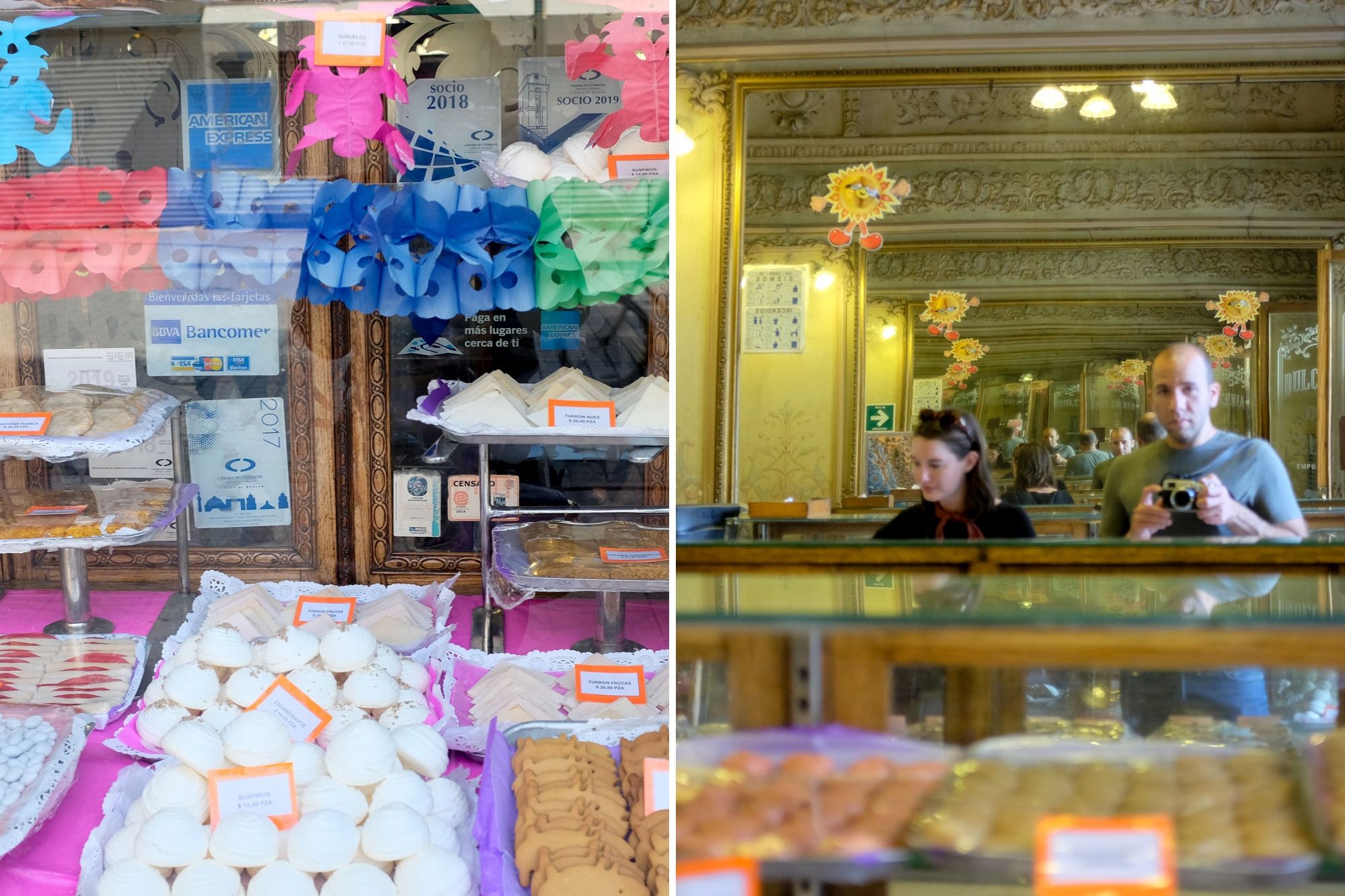 Collage: window at dulceria de celaya with sweets and a photo in a mirror with Alyssa and Michael looking at sweets in the case