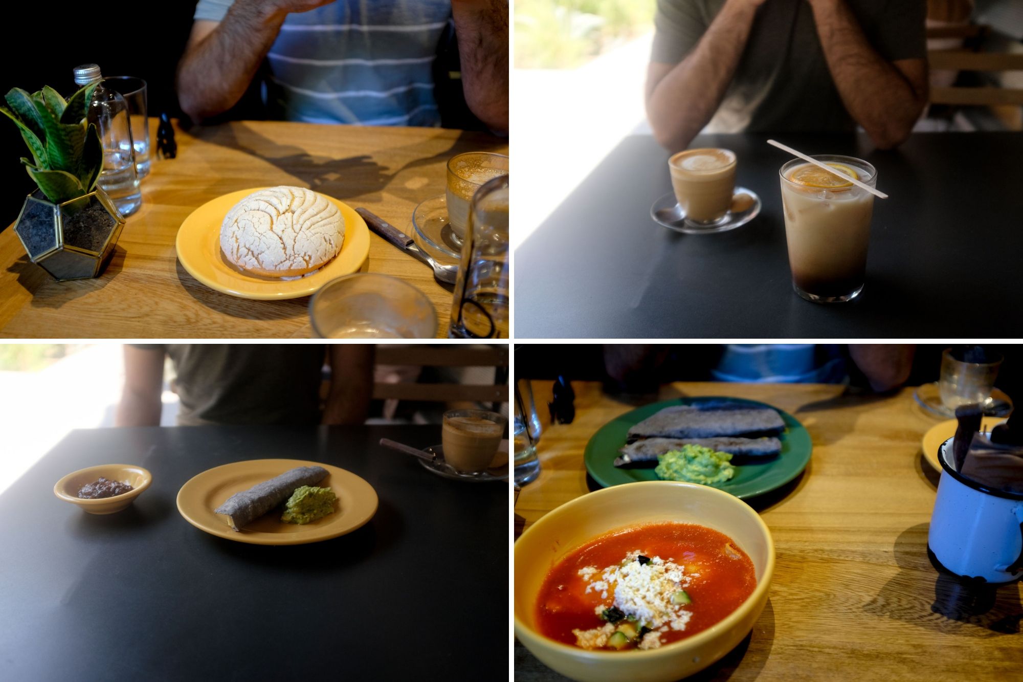 Collage at Eno: Concha pastry, coffees, quesadilla, huevos rancheros