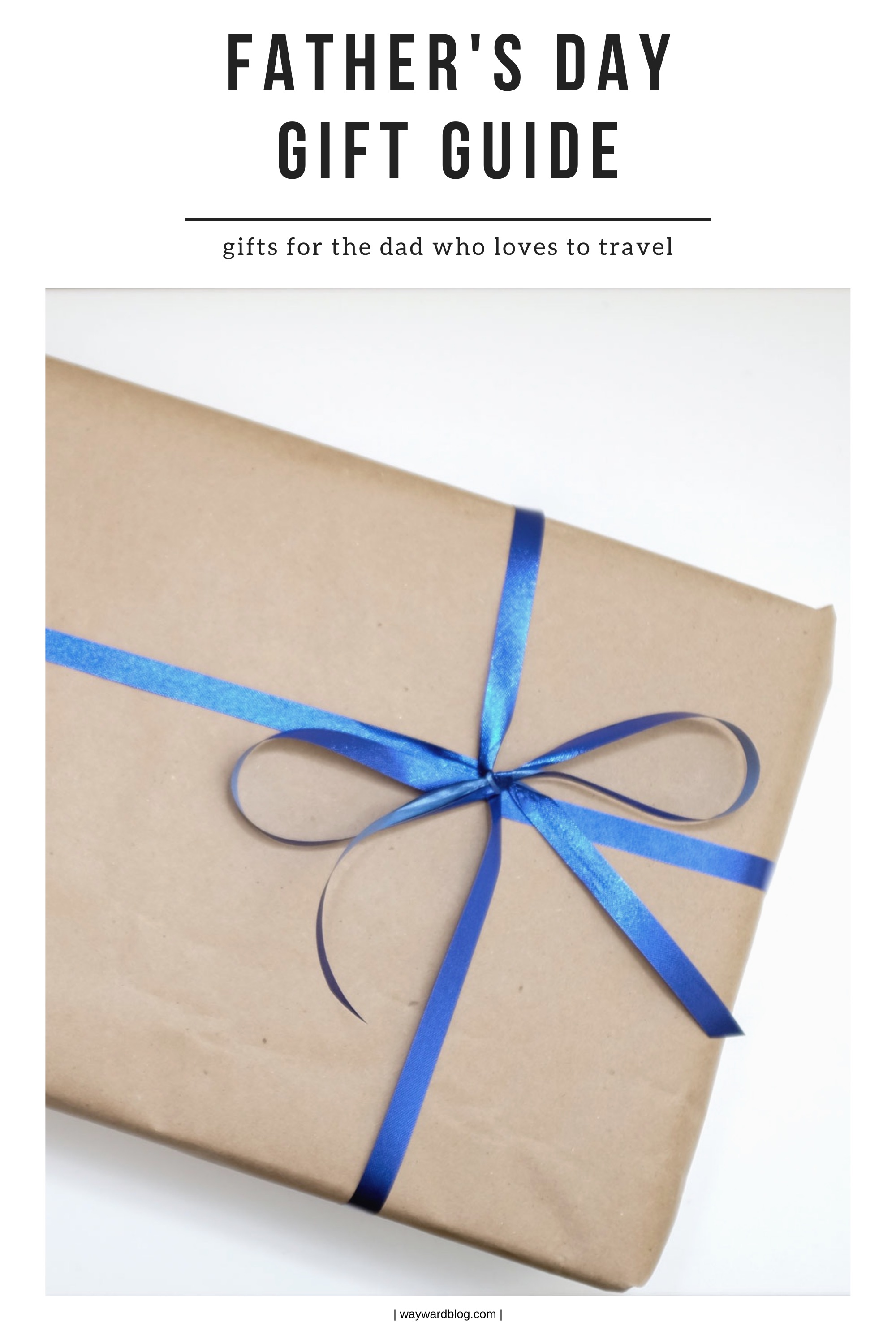 Pinterest Pin: same image of a present with text that says: Father's Day Gift Guide - gifts for the dad who loves to travel
