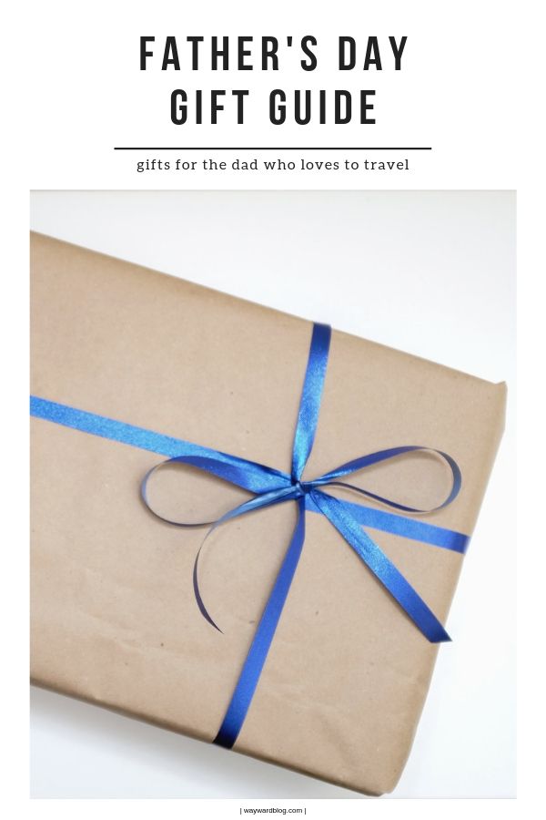 Pinterest Pin: same image of a present with text that says: Father's Day Gift Guide - gifts for the dad who loves to travel