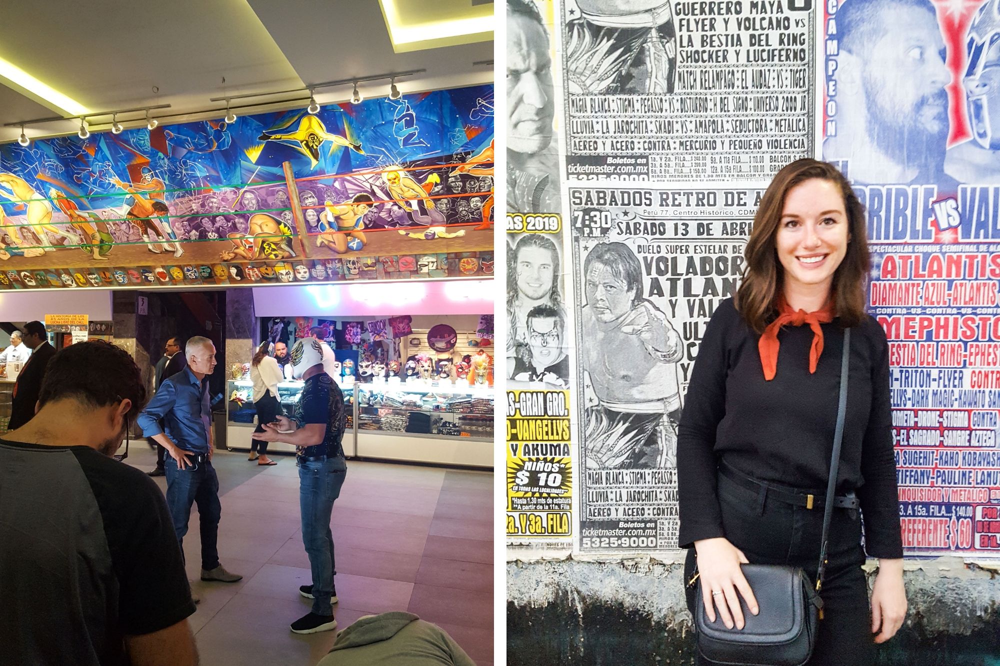 Collage: interview with Caristico and Alyssa standing outside in front of the billboards advertising the matches