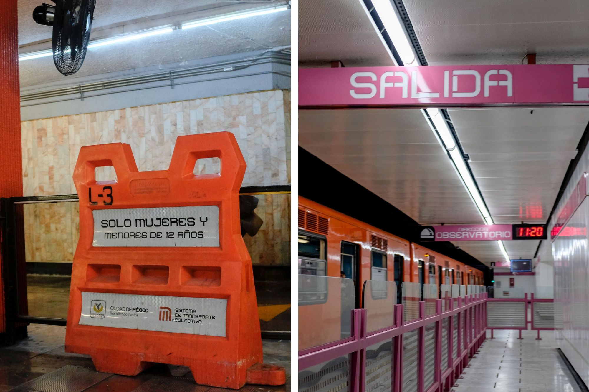 Collage: sign for women and children's car and an exit sign on the platform