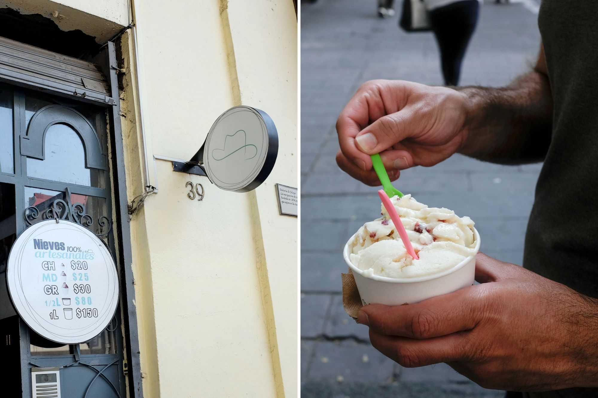 Collage: sign of ice cream shop and Michael holding ice cream