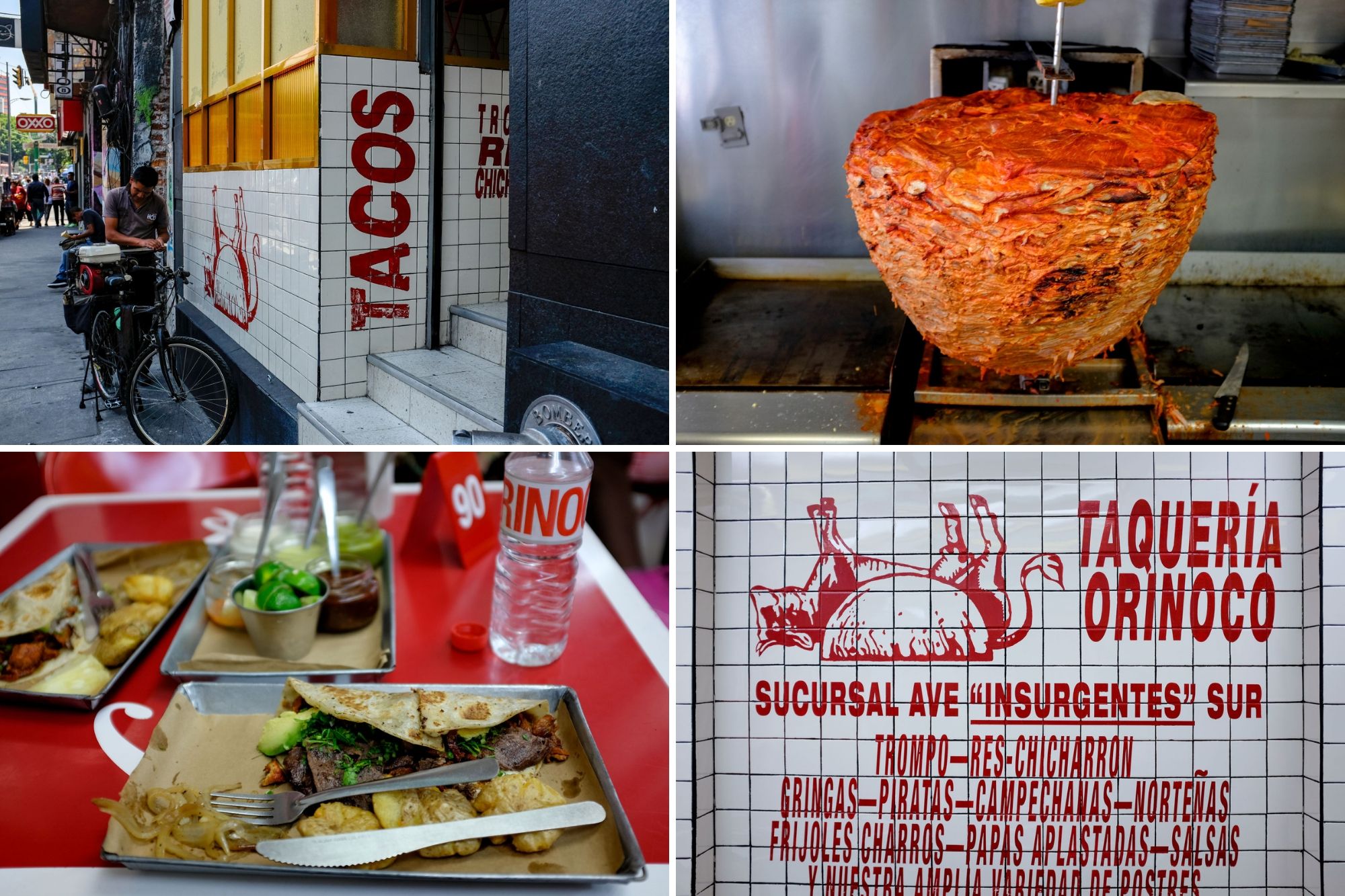 Collage: man sharpening knives on a bike outside of the restaurant; meat on a vertical spit, our meals of tacos, and a sign within a restaurant that has a drawing of a cow upside down in a taco