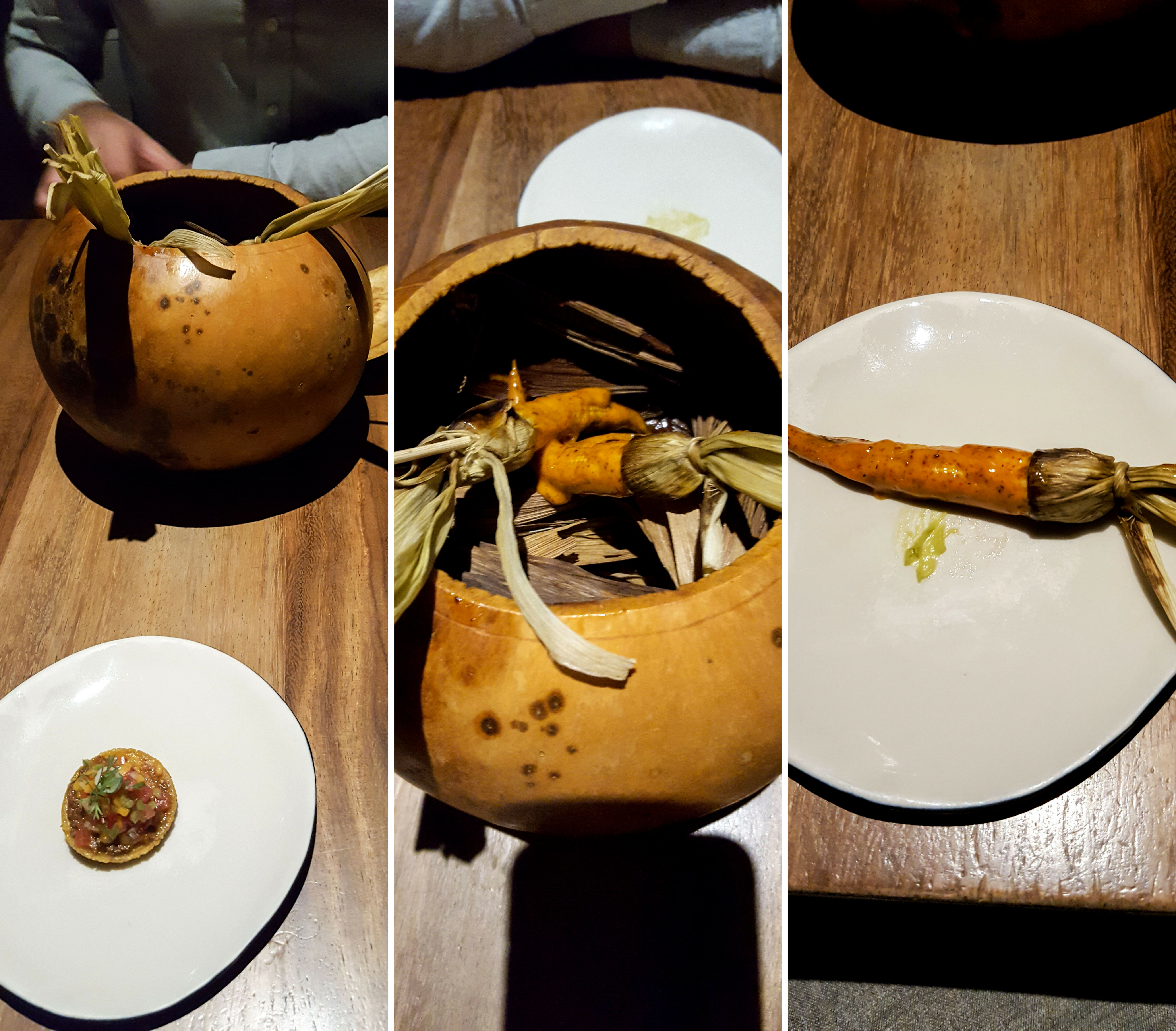 Collage: Street snacks at Pujol including elote and a mini tortilla chip