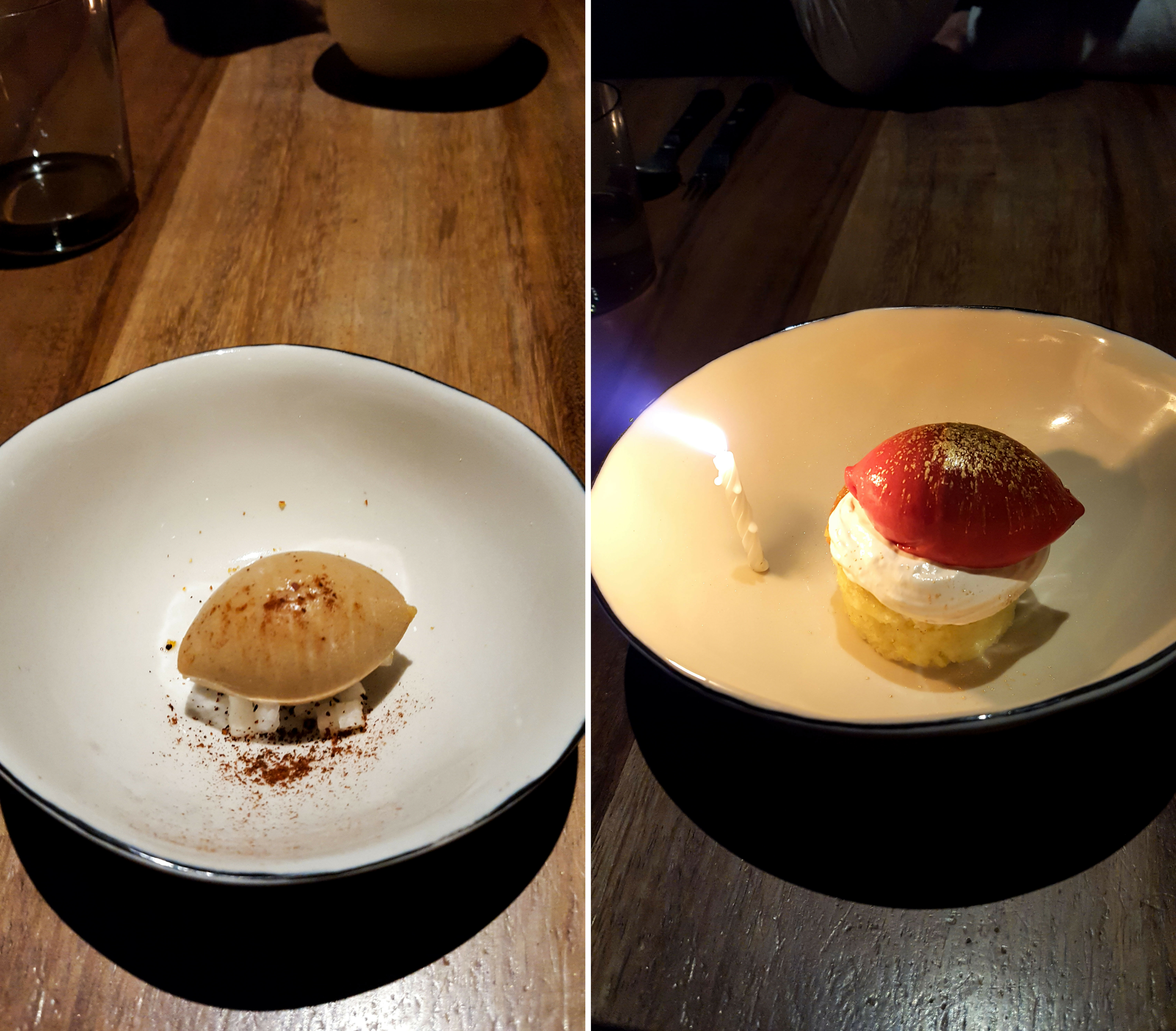 Collage: palate cleanser sorbet and birthday treat with sorbet and passionfruit meringue