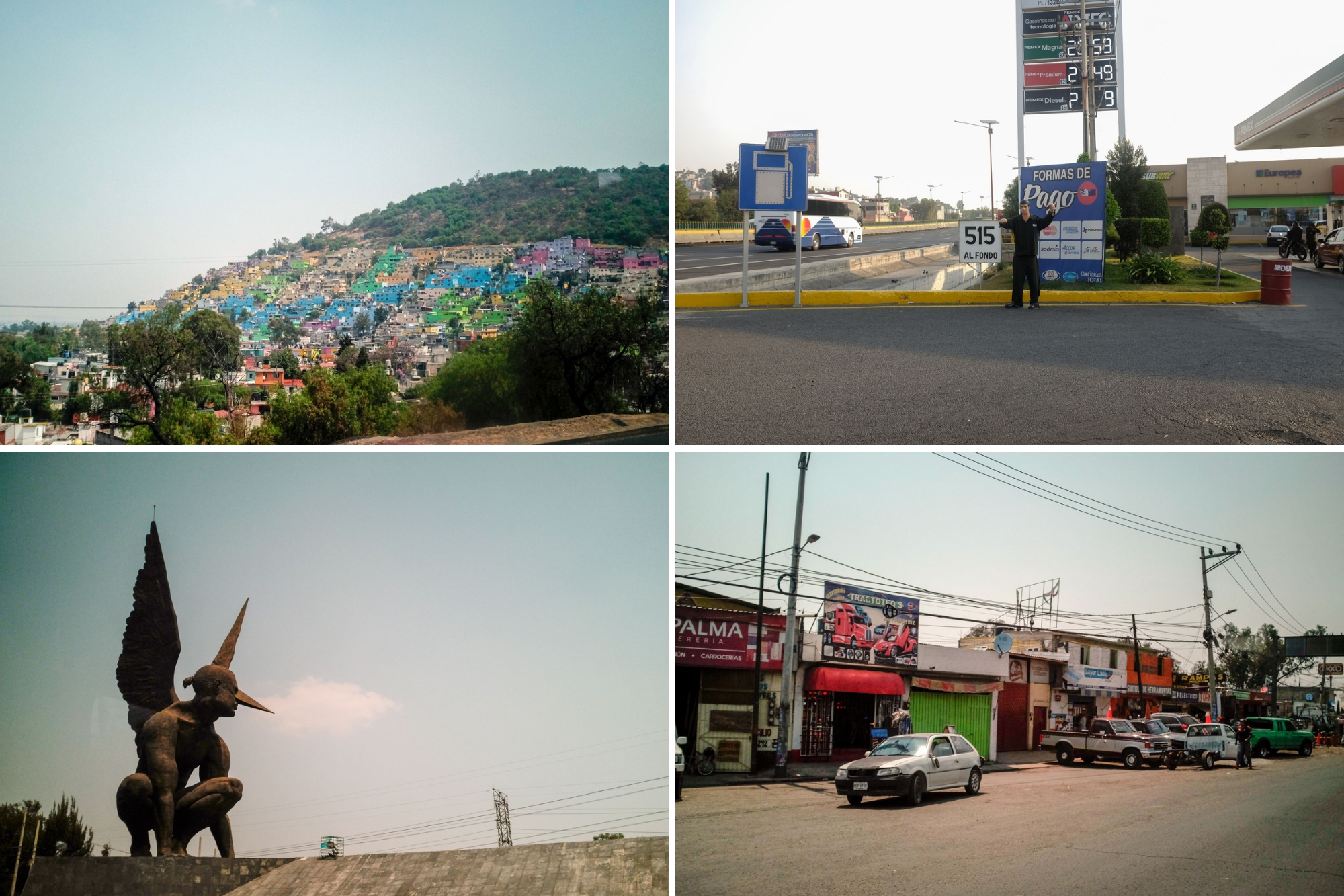 Collage of sights from the drive to teotihuacan like homes, businesses, the gas station, and a statue