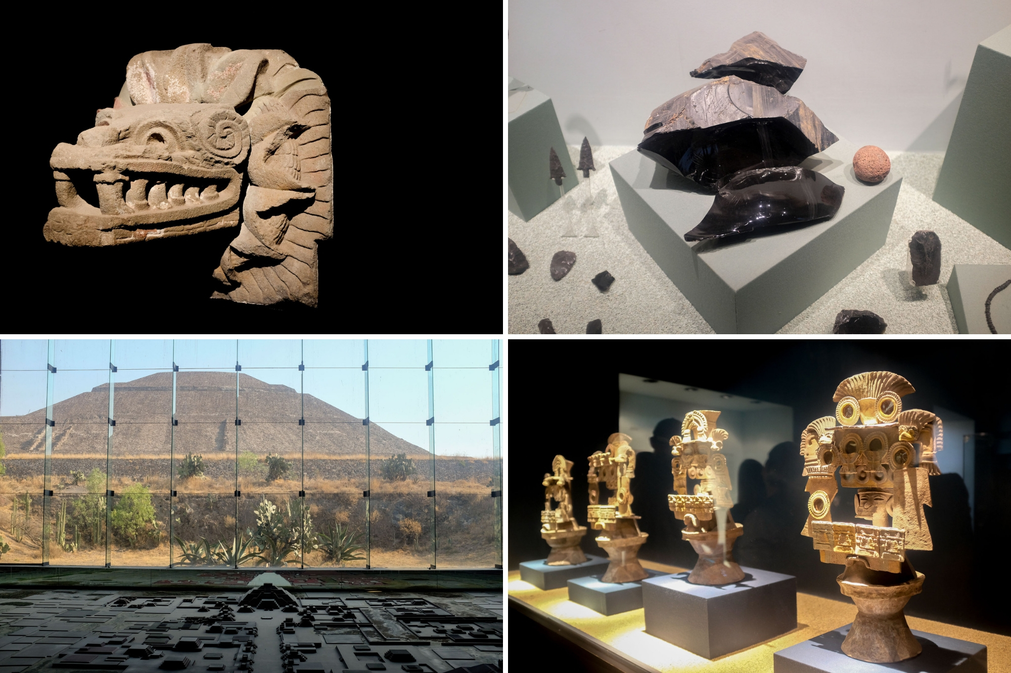 Collage of artifacts at the museum and a model of the pyramids