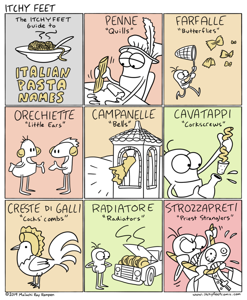 Comic with different Italian pastas