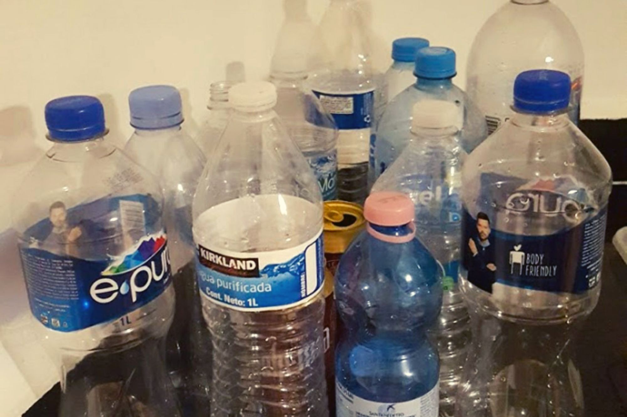 empty water bottles on a counter