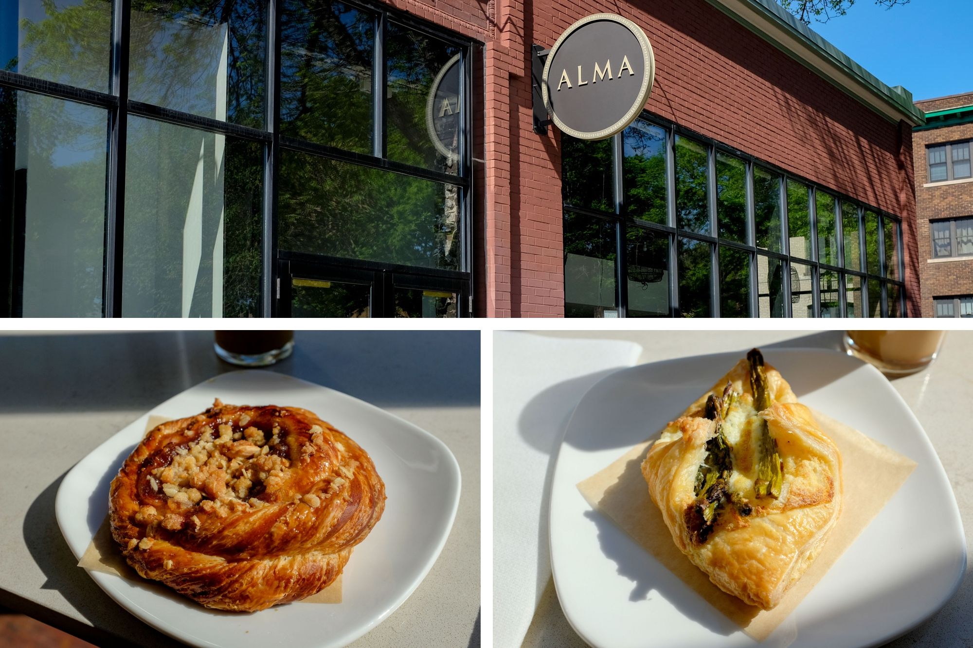 collage: exterior of alma and a danish and asparagus pastry