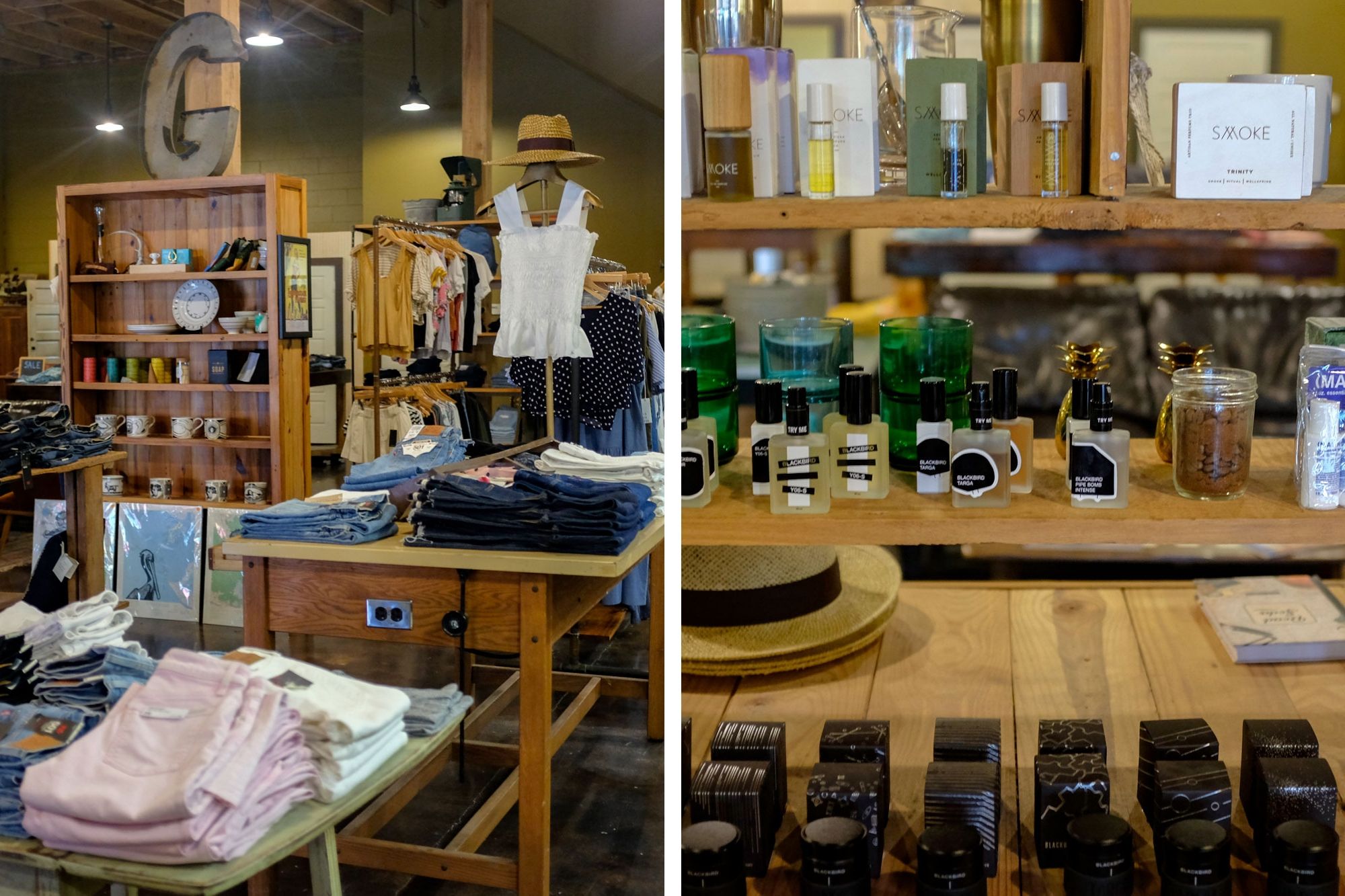 Collage of the interior of the store: clothing and beauty products