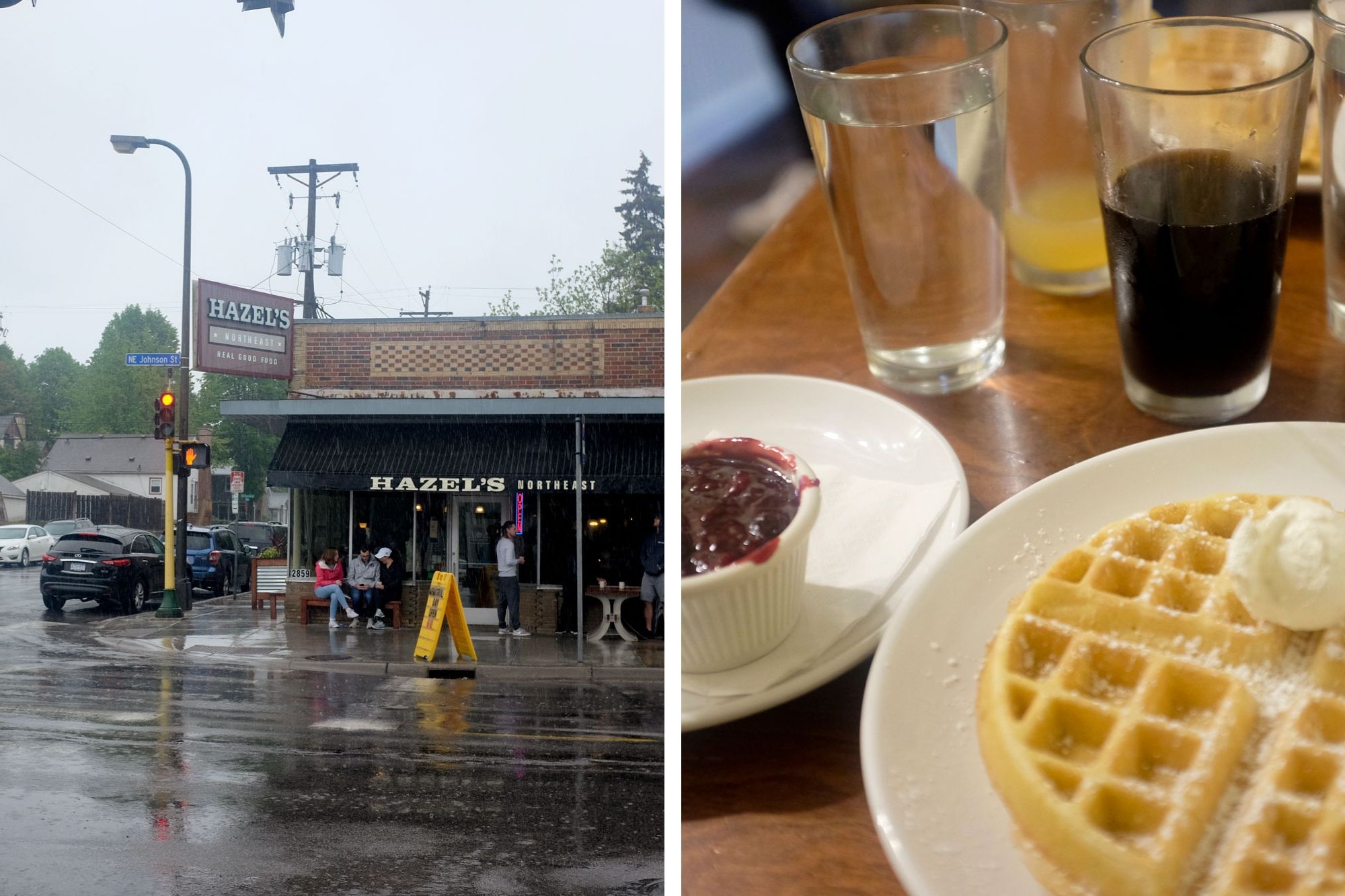 collage: outside of hazel's and a waffle 