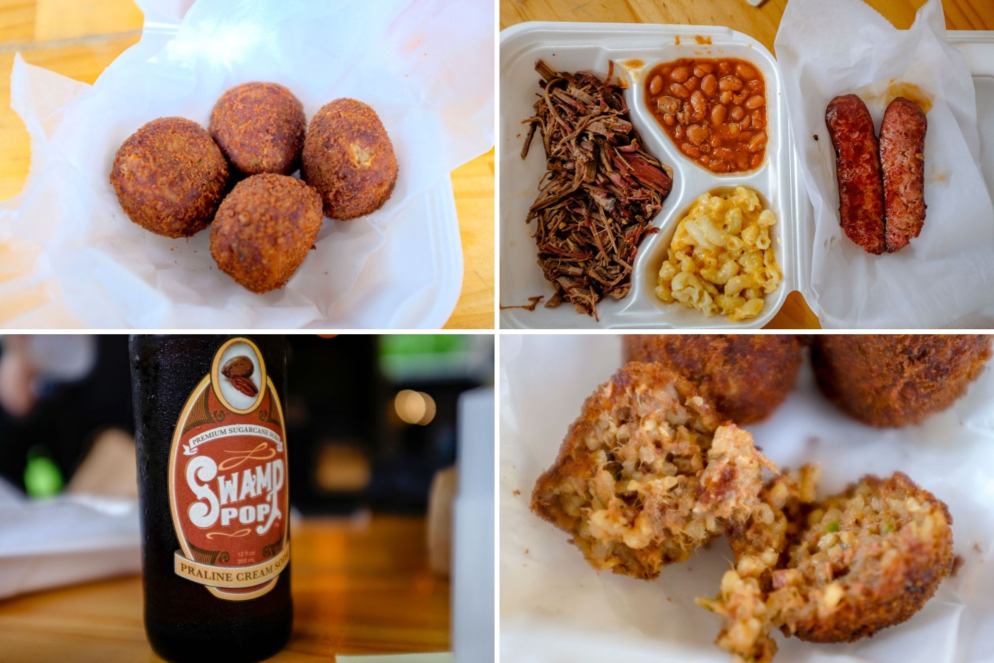 Collage: boudin balls, brisket, swamp pop soda, inside of a boudin ball