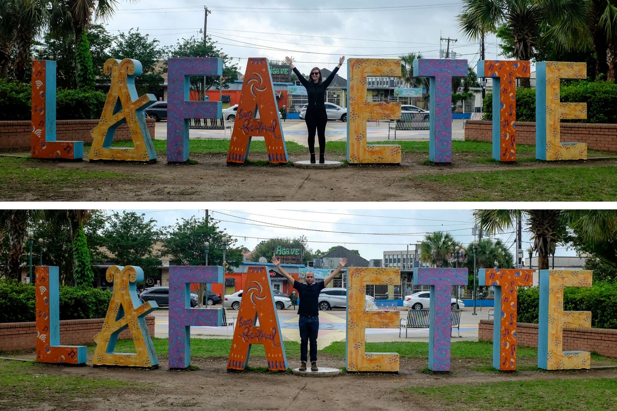 Collage: one photo of Krystal and one photo of Michael standing in a sign that says "Lafayette" except each are standing where the Y should be with their arms outstretched to form the letter