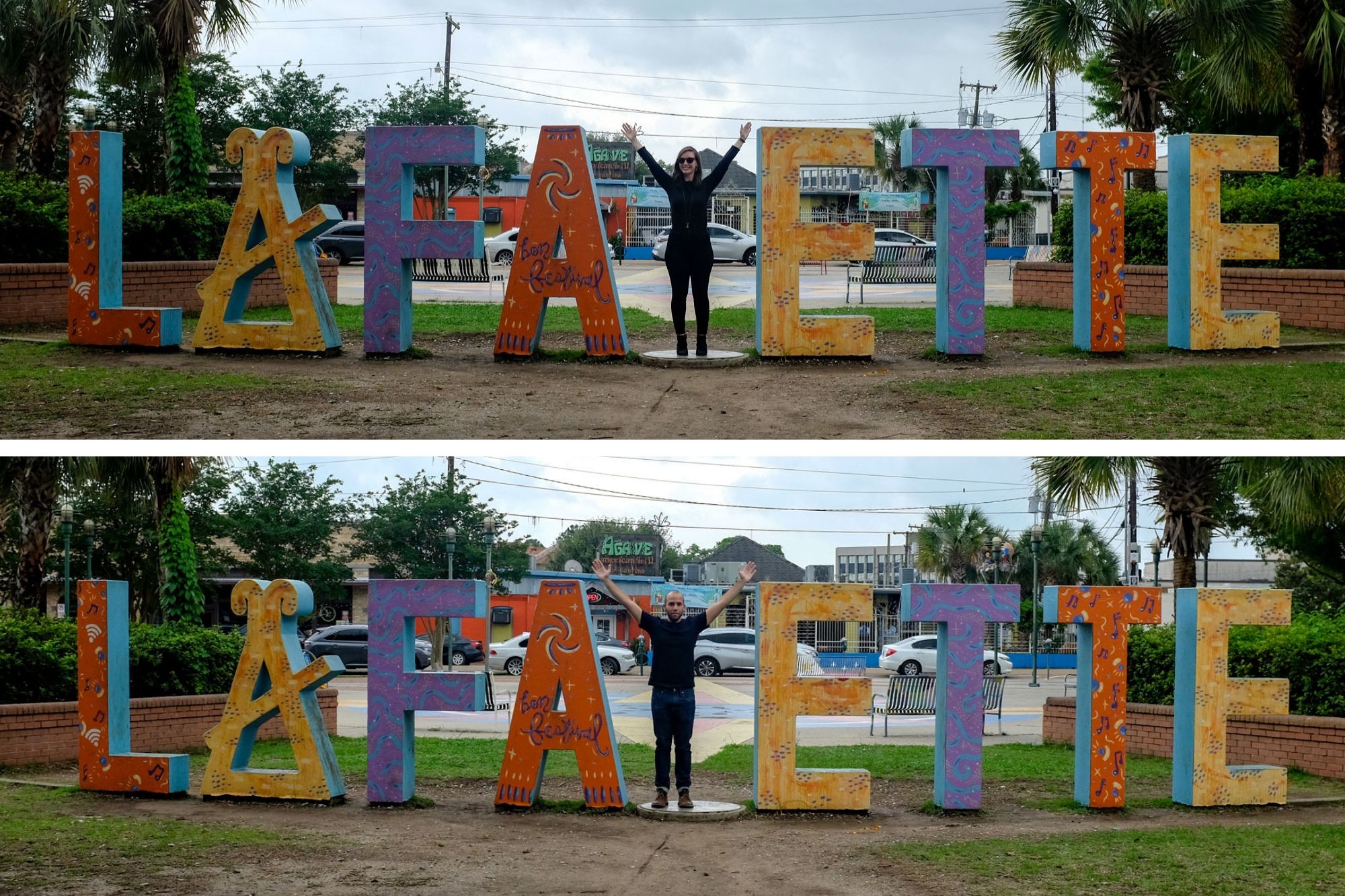 Collage: one photo of Alyssa and one photo of Michael standing in a sign that says "Lafayette" except each are standing where the Y should be with their arms outstretched to form the letter
