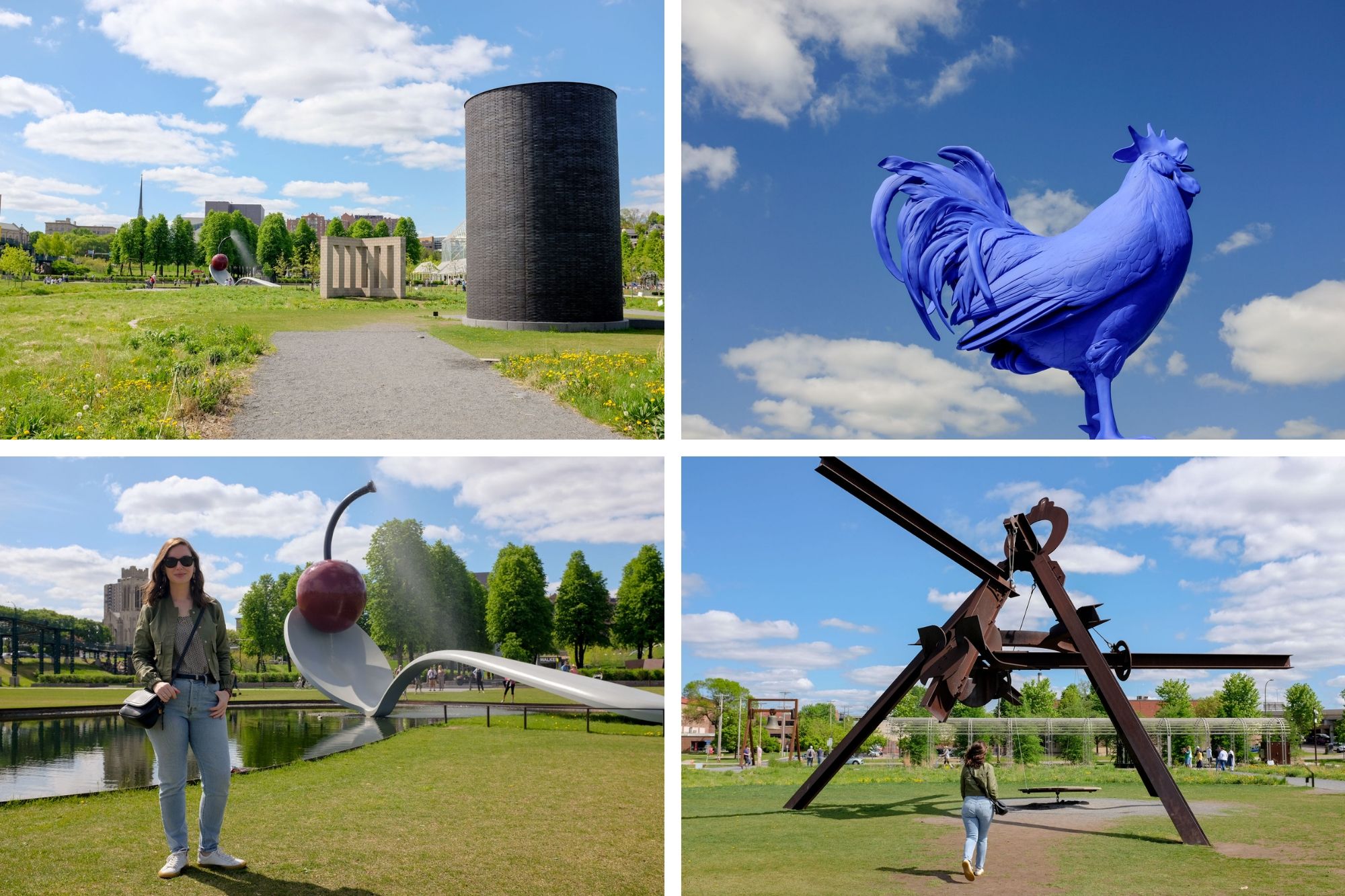 collage of sculptures in the garden, including the big blue chicken, iron swing, and cherry with a spoon