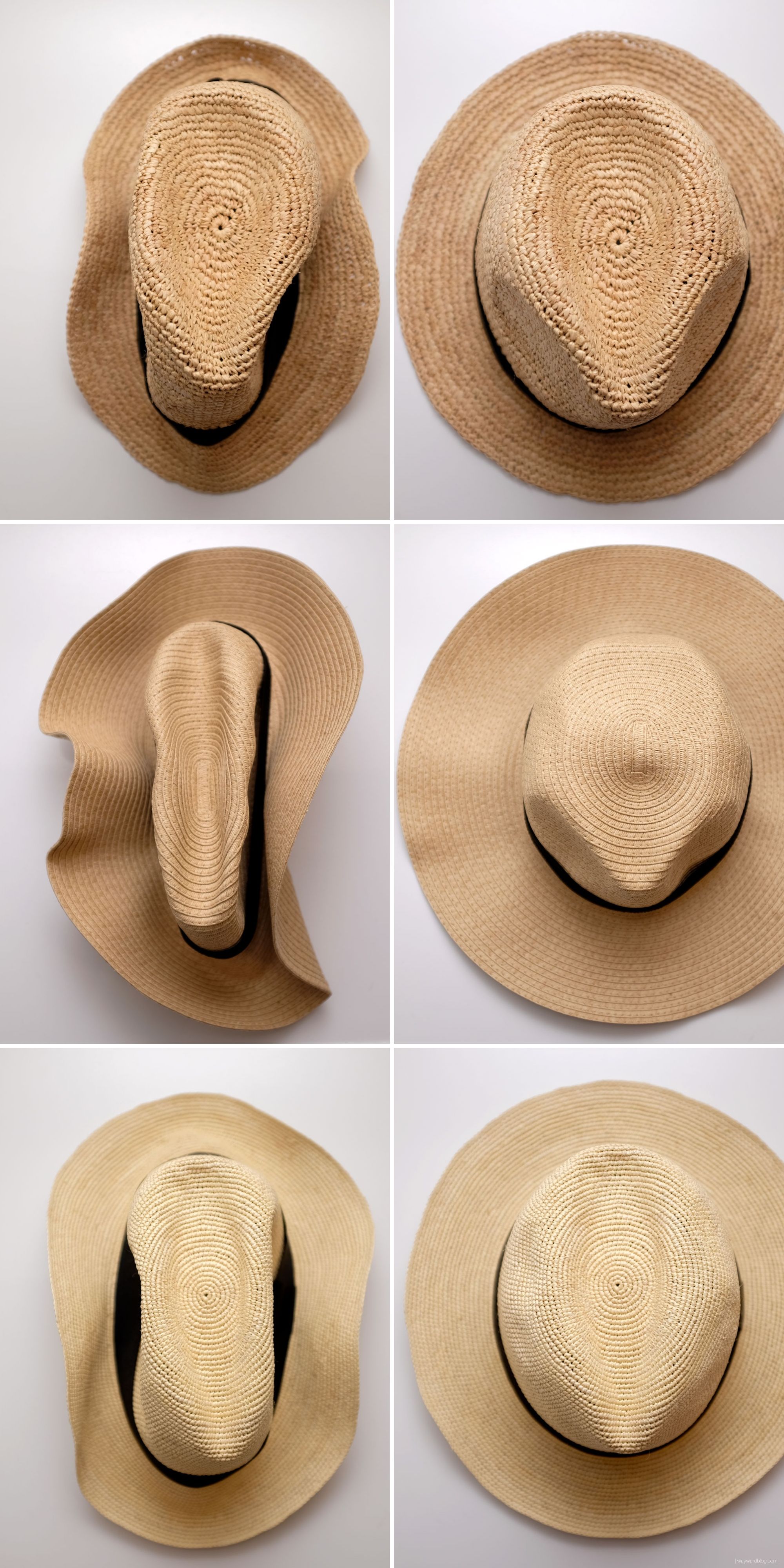 Collage of all three hats still folded and then remolded by Alyssa
