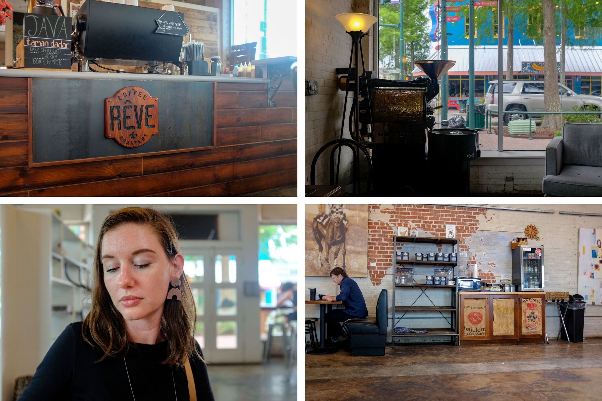 Collage in Reve Coffee: the espresso machine, an antique coffee roaster, Alyssa sitting inside, and a view of the interior