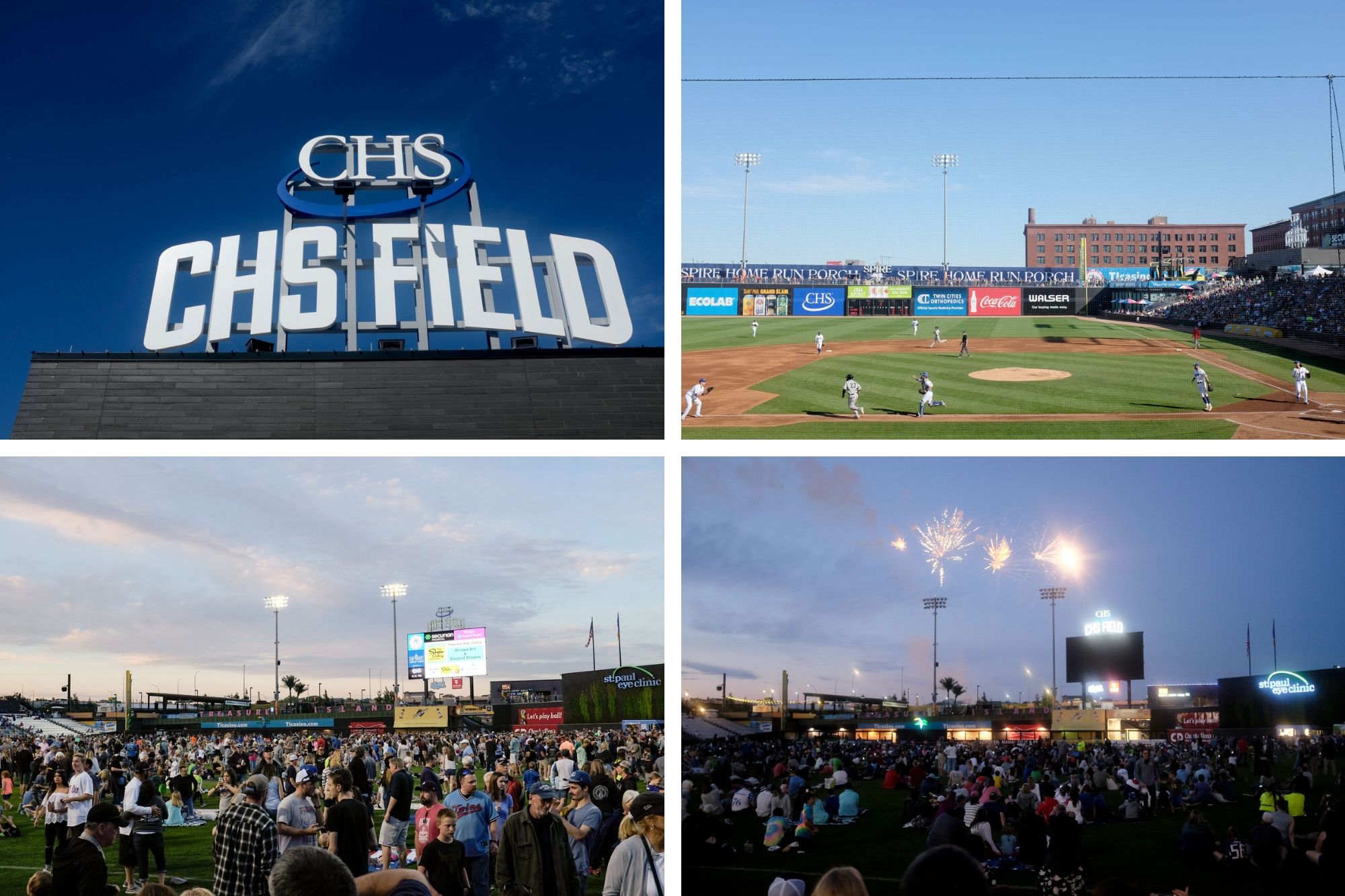 collage: CHS field sign, baseball game in progress, and people sitting on the field eating and watching fireworks
