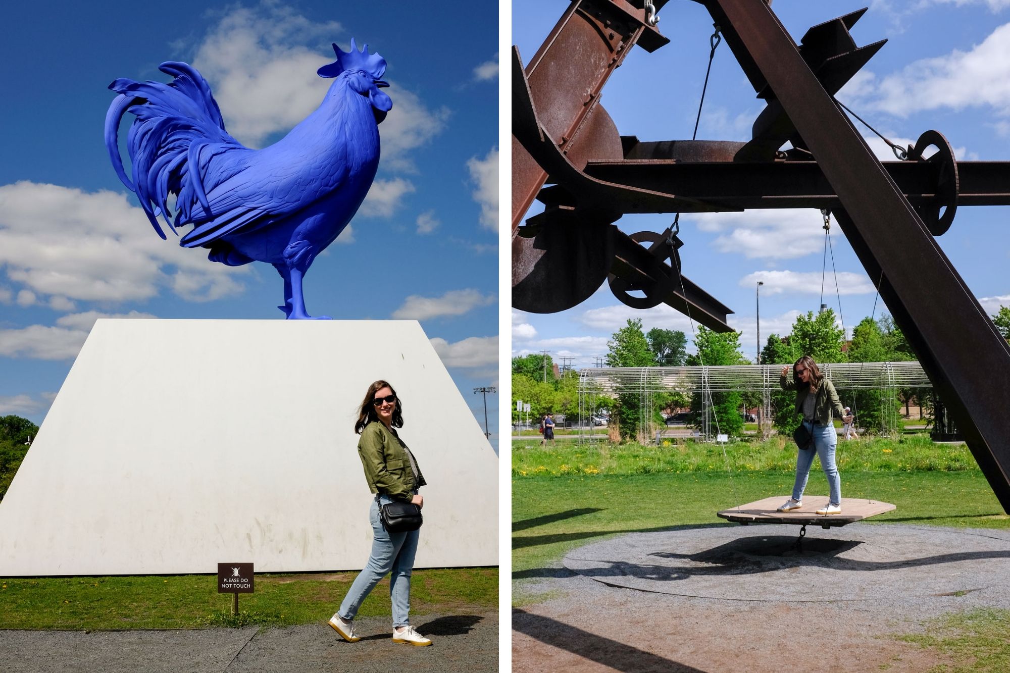 Collage: Alyssa with big blue chicken sculpture and standing on an iron swing